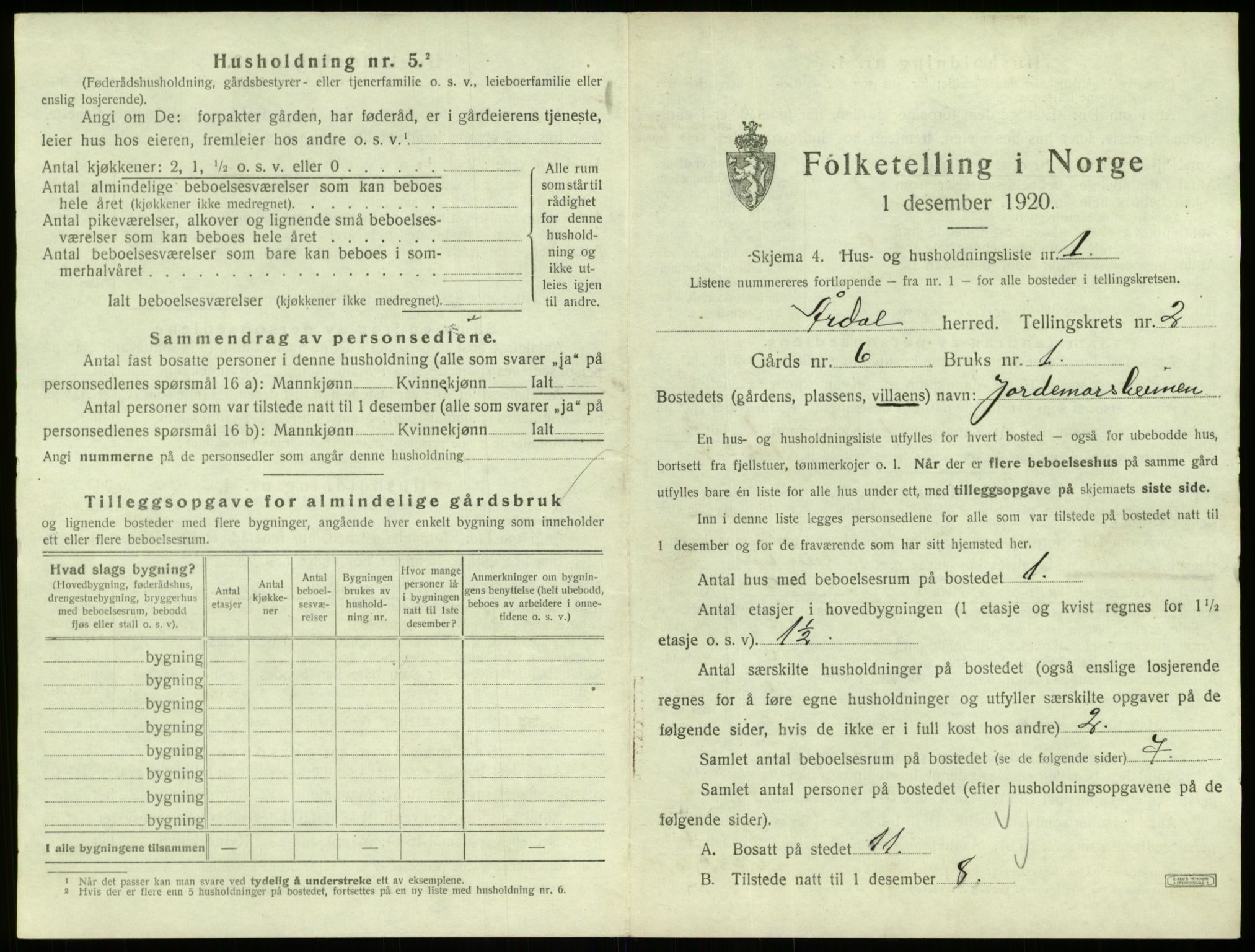 SAB, 1920 census for Årdal, 1920, p. 95