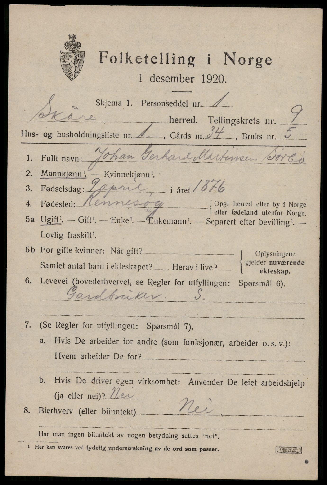 SAST, 1920 census for Skåre, 1920, p. 6830