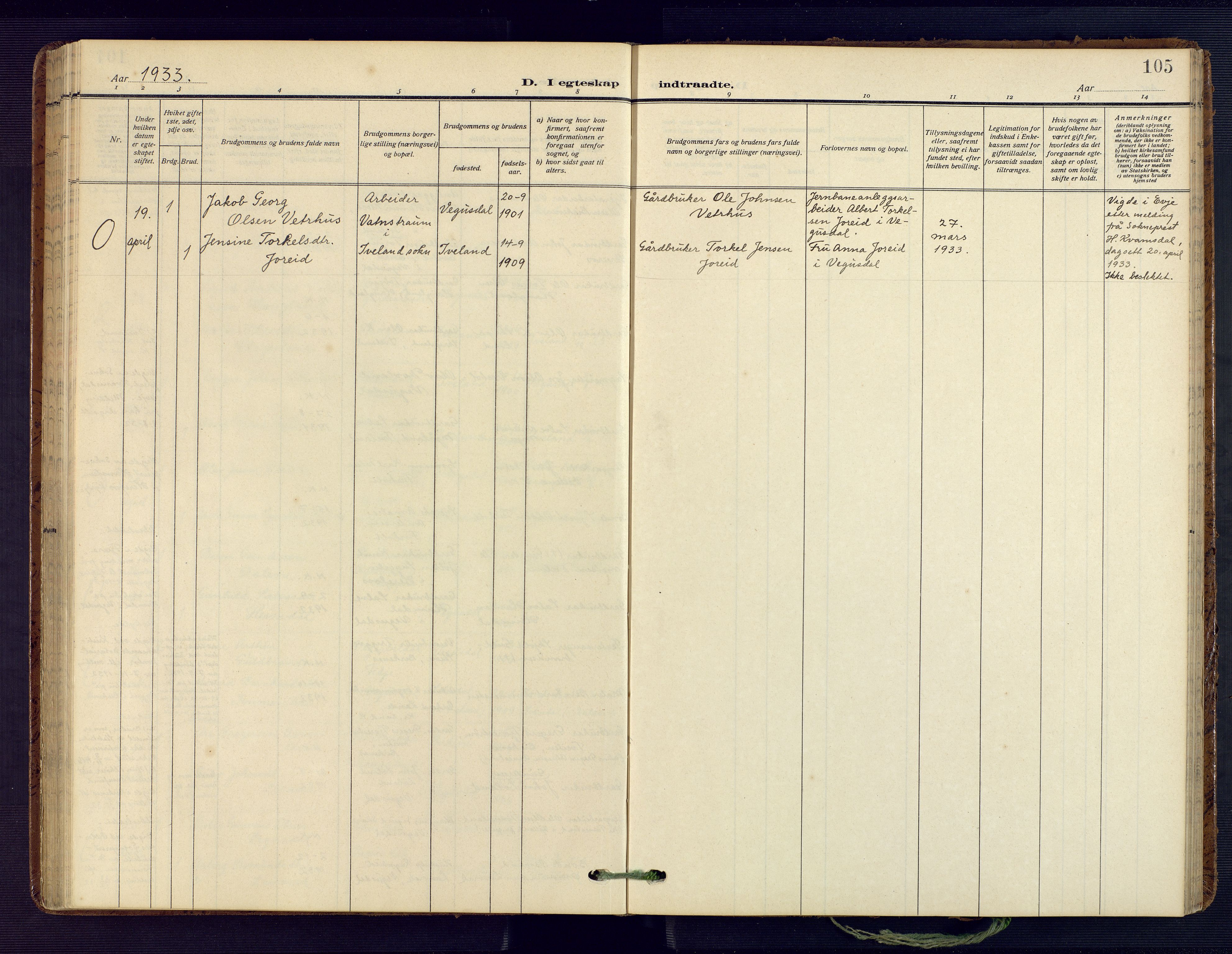 Herefoss sokneprestkontor, SAK/1111-0019/F/Fa/Fab/L0005: Parish register (official) no. A 5, 1910-1932, p. 105