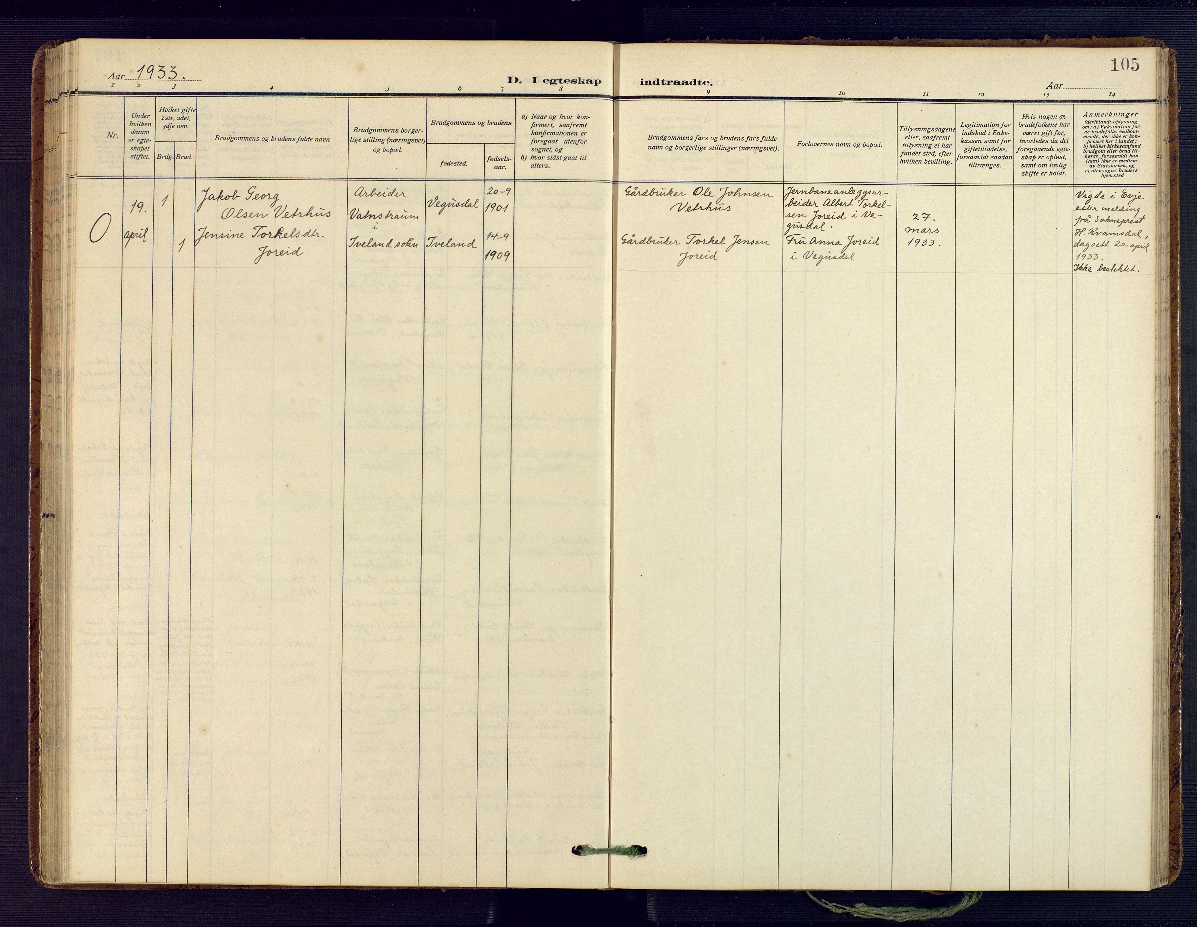 Herefoss sokneprestkontor, AV/SAK-1111-0019/F/Fa/Fab/L0005: Parish register (official) no. A 5, 1910-1932, p. 105