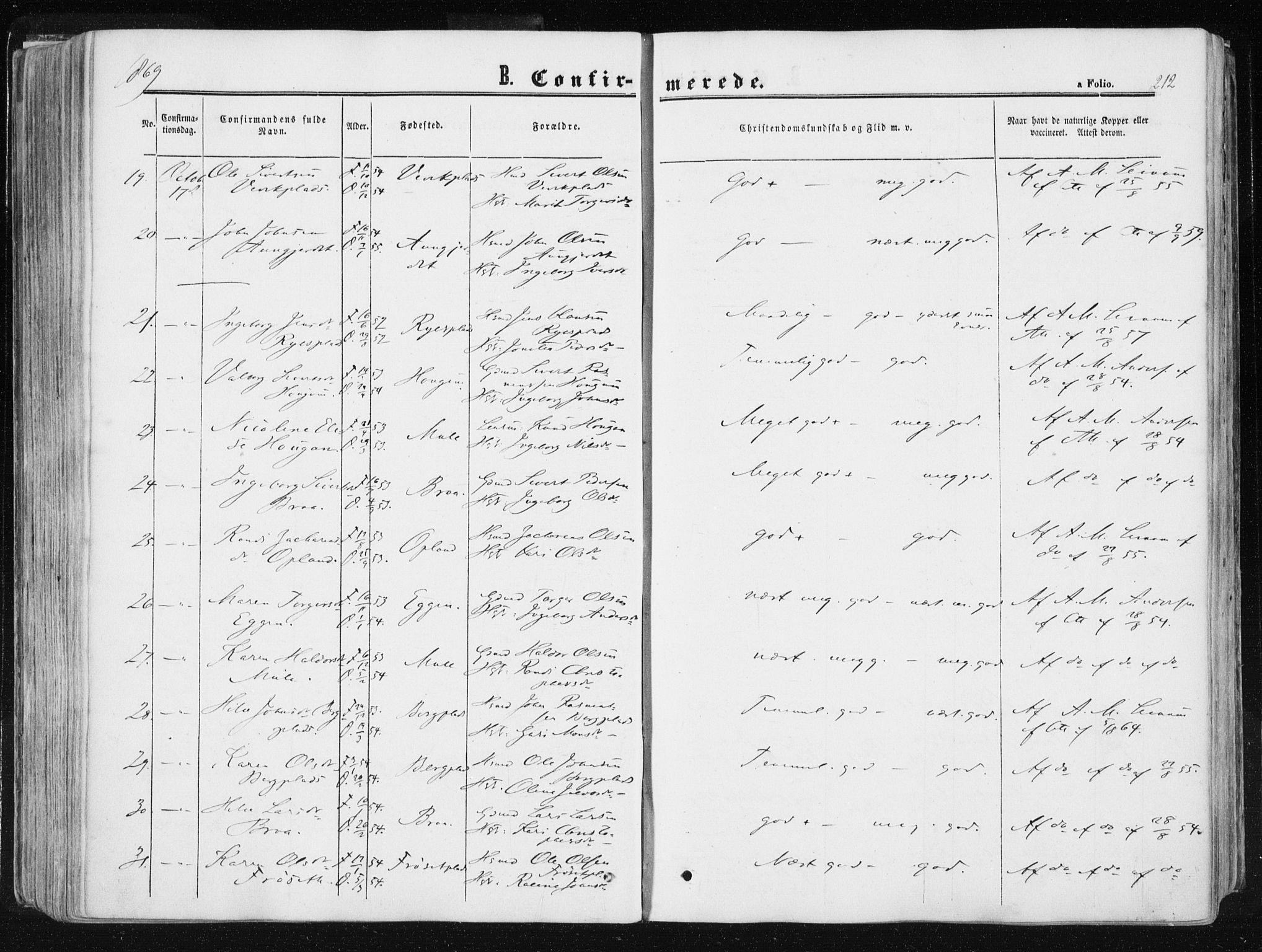 Ministerialprotokoller, klokkerbøker og fødselsregistre - Sør-Trøndelag, SAT/A-1456/612/L0377: Parish register (official) no. 612A09, 1859-1877, p. 212