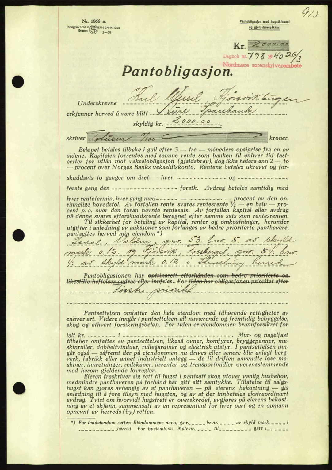 Nordmøre sorenskriveri, AV/SAT-A-4132/1/2/2Ca: Mortgage book no. B86, 1939-1940, Diary no: : 798/1940