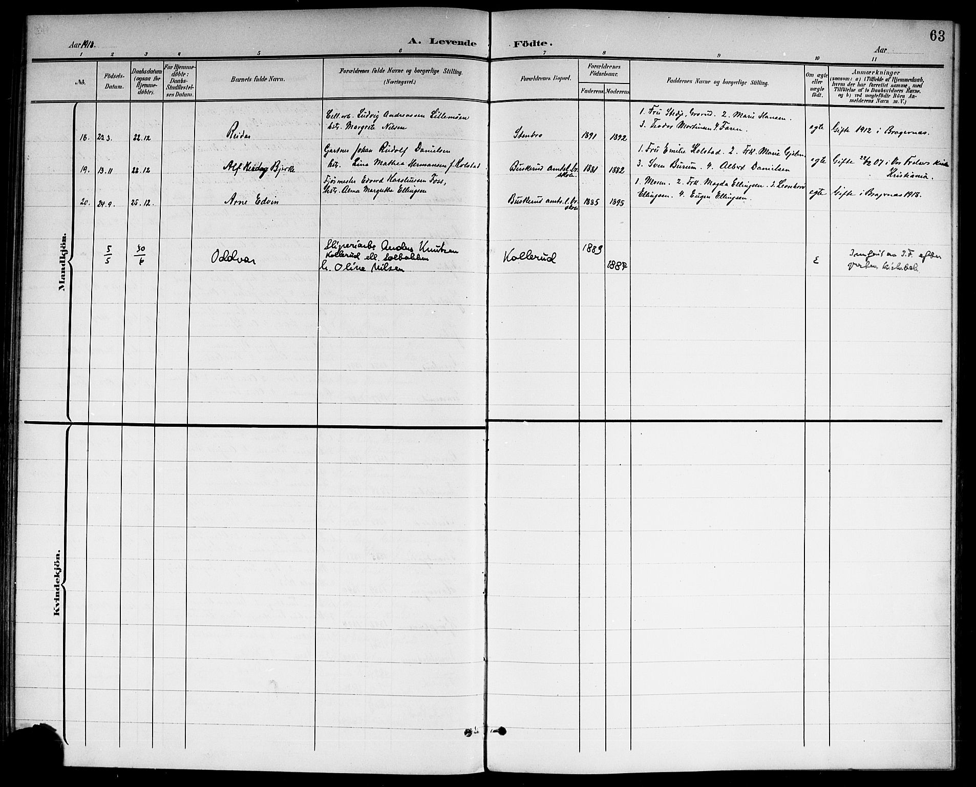 Modum kirkebøker, SAKO/A-234/G/Gc/L0001: Parish register (copy) no. III 1, 1901-1919, p. 63