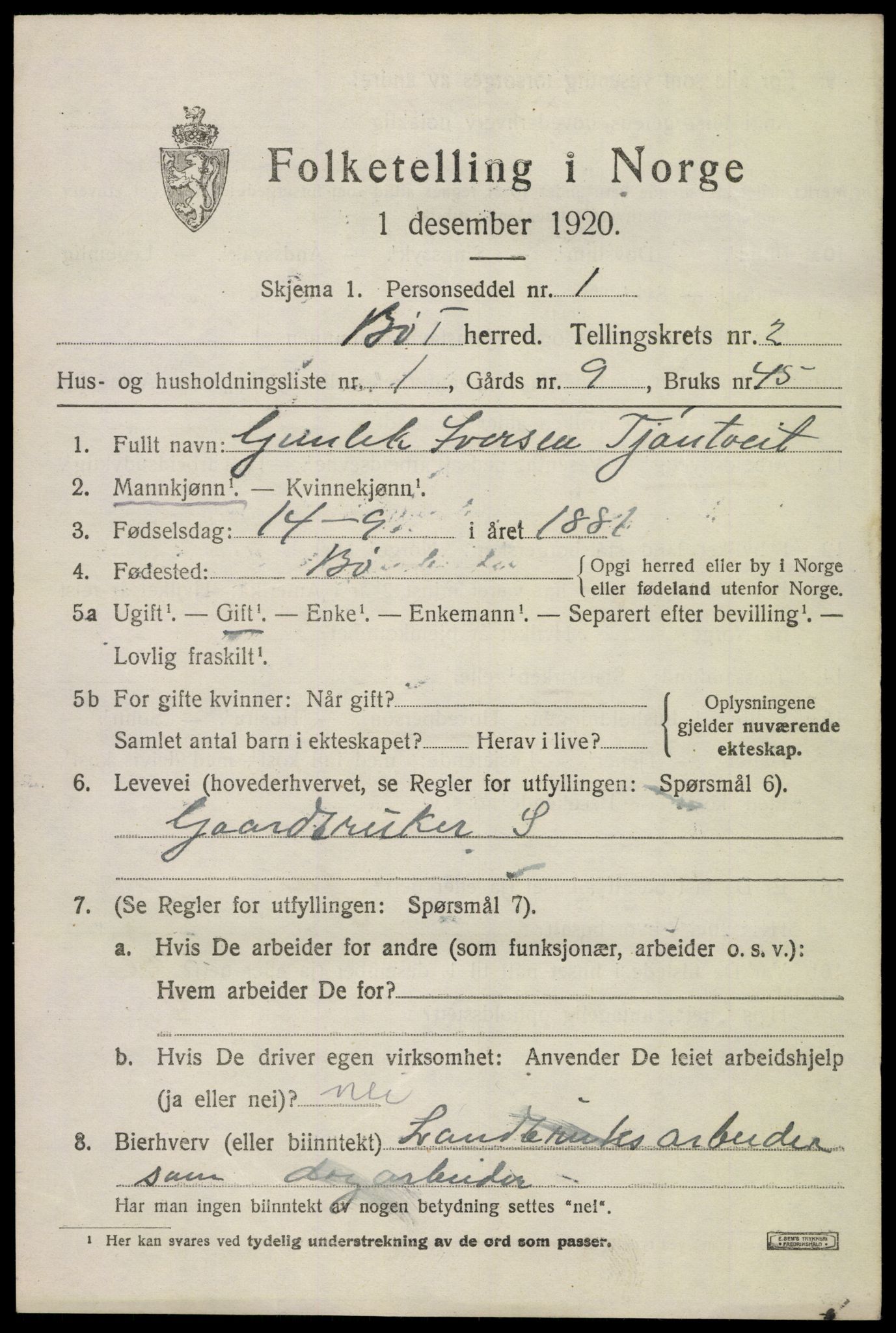 SAKO, 1920 census for Bø (Telemark), 1920, p. 1776