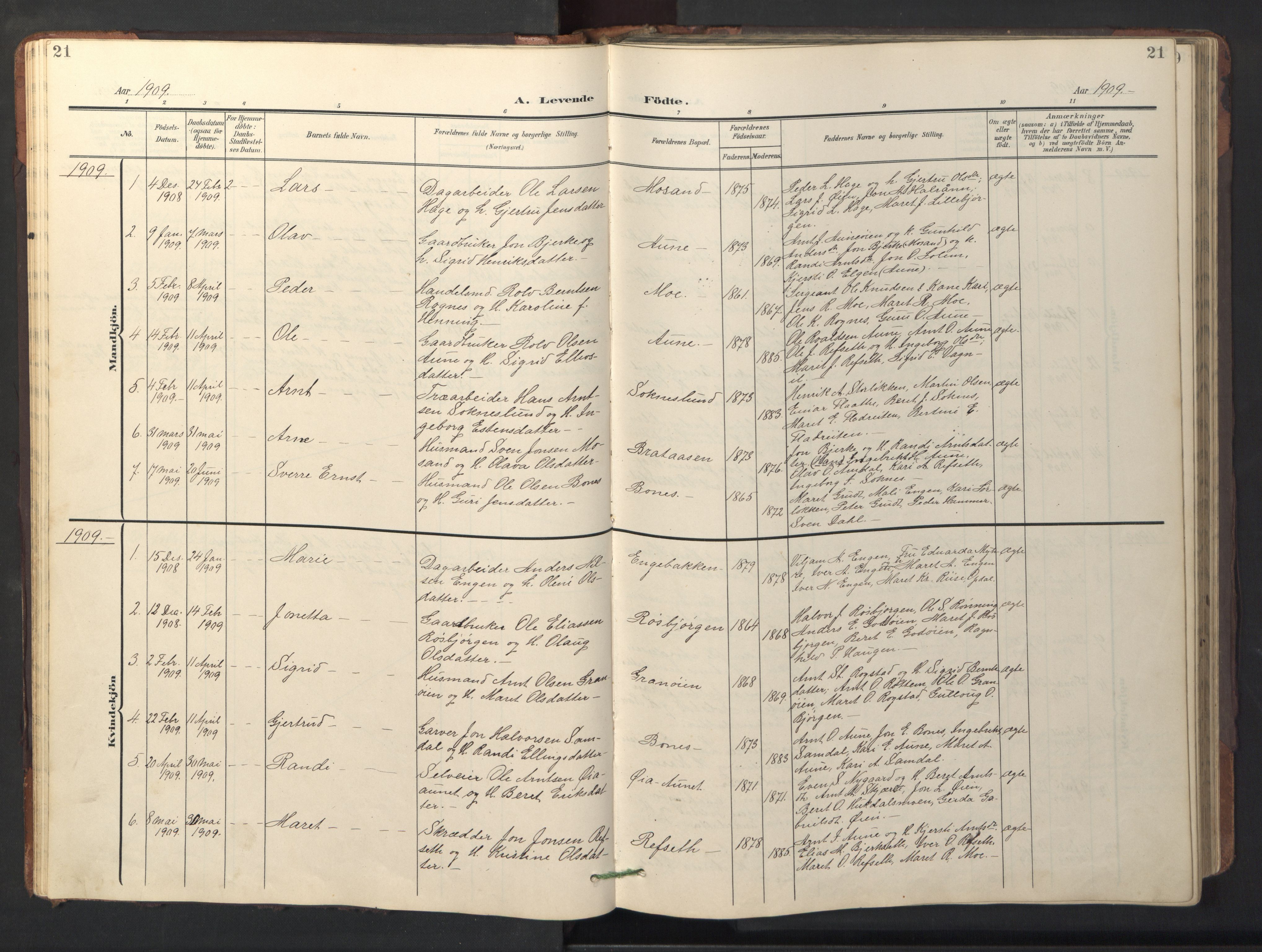 Ministerialprotokoller, klokkerbøker og fødselsregistre - Sør-Trøndelag, SAT/A-1456/687/L1019: Parish register (copy) no. 687C03, 1904-1931, p. 21