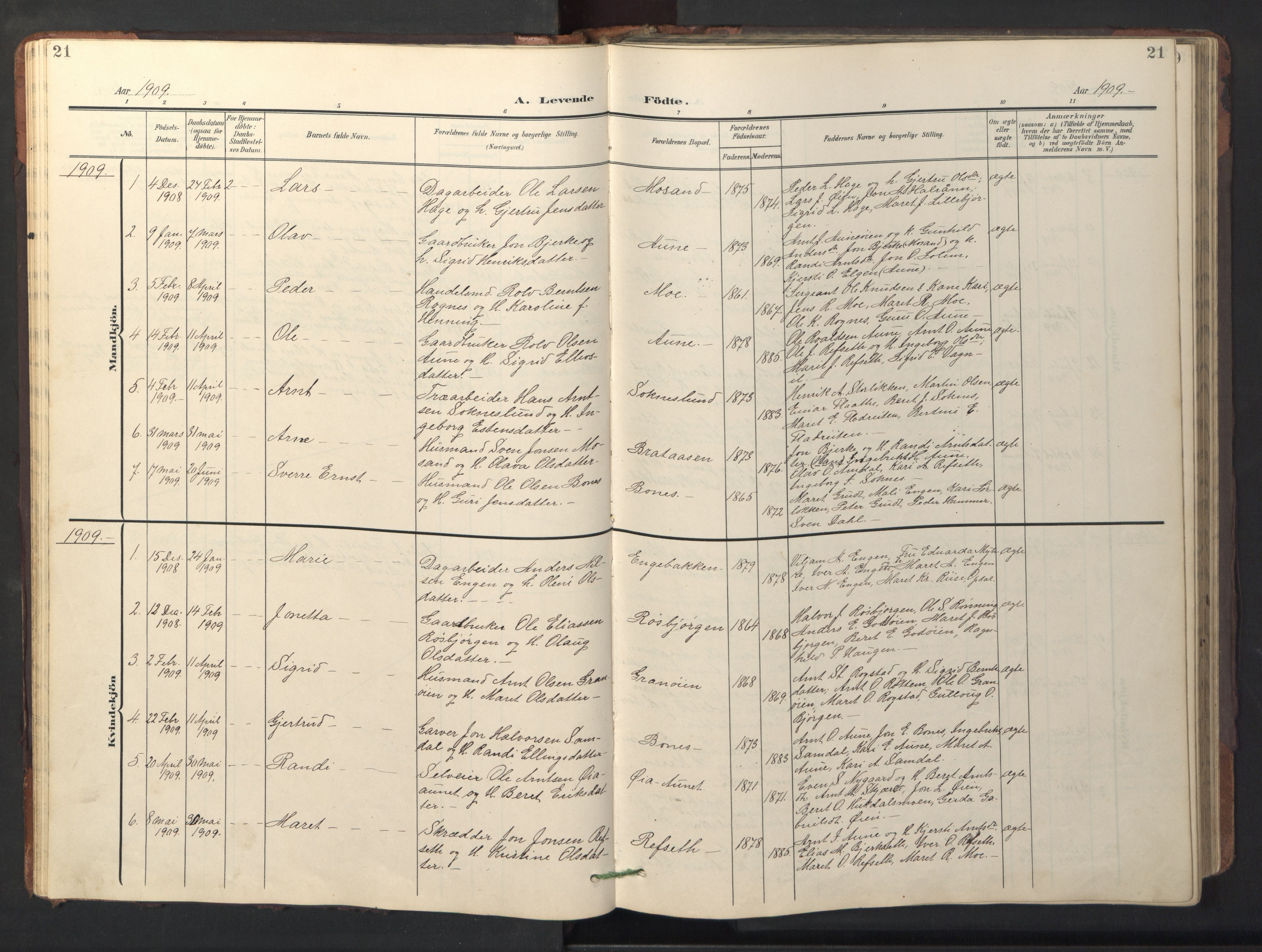 Ministerialprotokoller, klokkerbøker og fødselsregistre - Sør-Trøndelag, AV/SAT-A-1456/687/L1019: Parish register (copy) no. 687C03, 1904-1931, p. 21