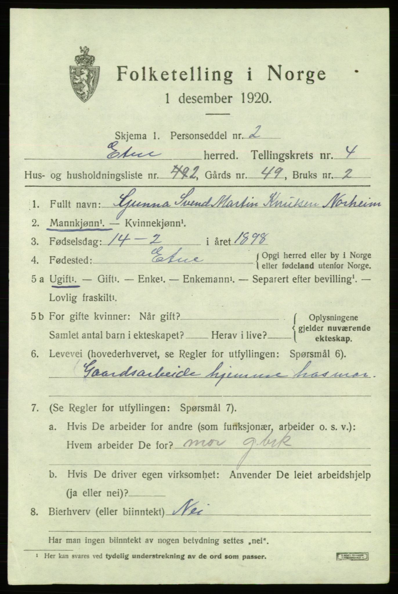 SAB, 1920 census for Etne, 1920, p. 2005