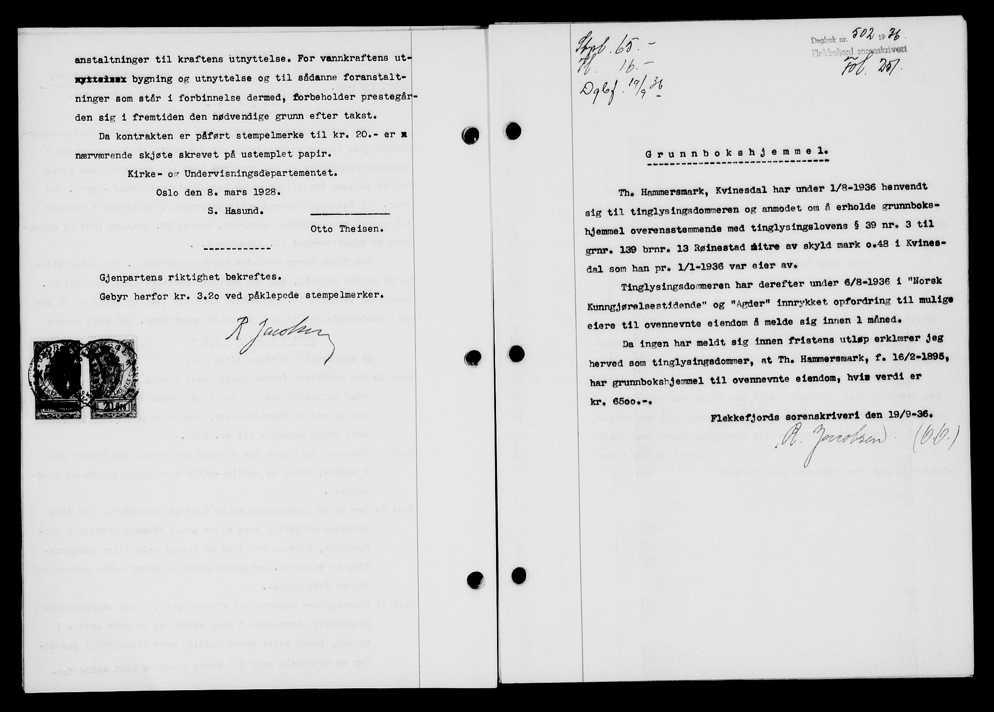 Flekkefjord sorenskriveri, SAK/1221-0001/G/Gb/Gba/L0053: Mortgage book no. A-1, 1936-1937, Diary no: : 502/1936