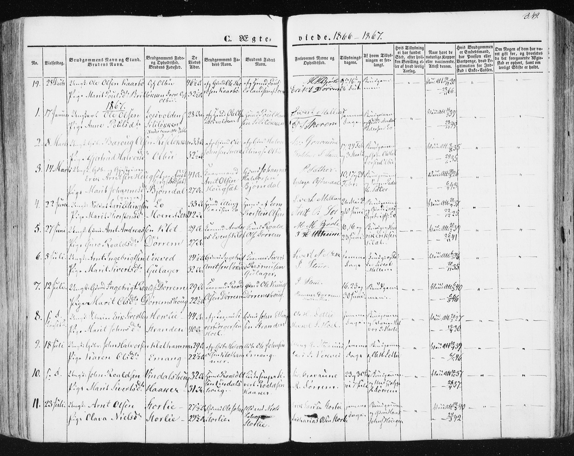 Ministerialprotokoller, klokkerbøker og fødselsregistre - Sør-Trøndelag, SAT/A-1456/678/L0899: Parish register (official) no. 678A08, 1848-1872, p. 349