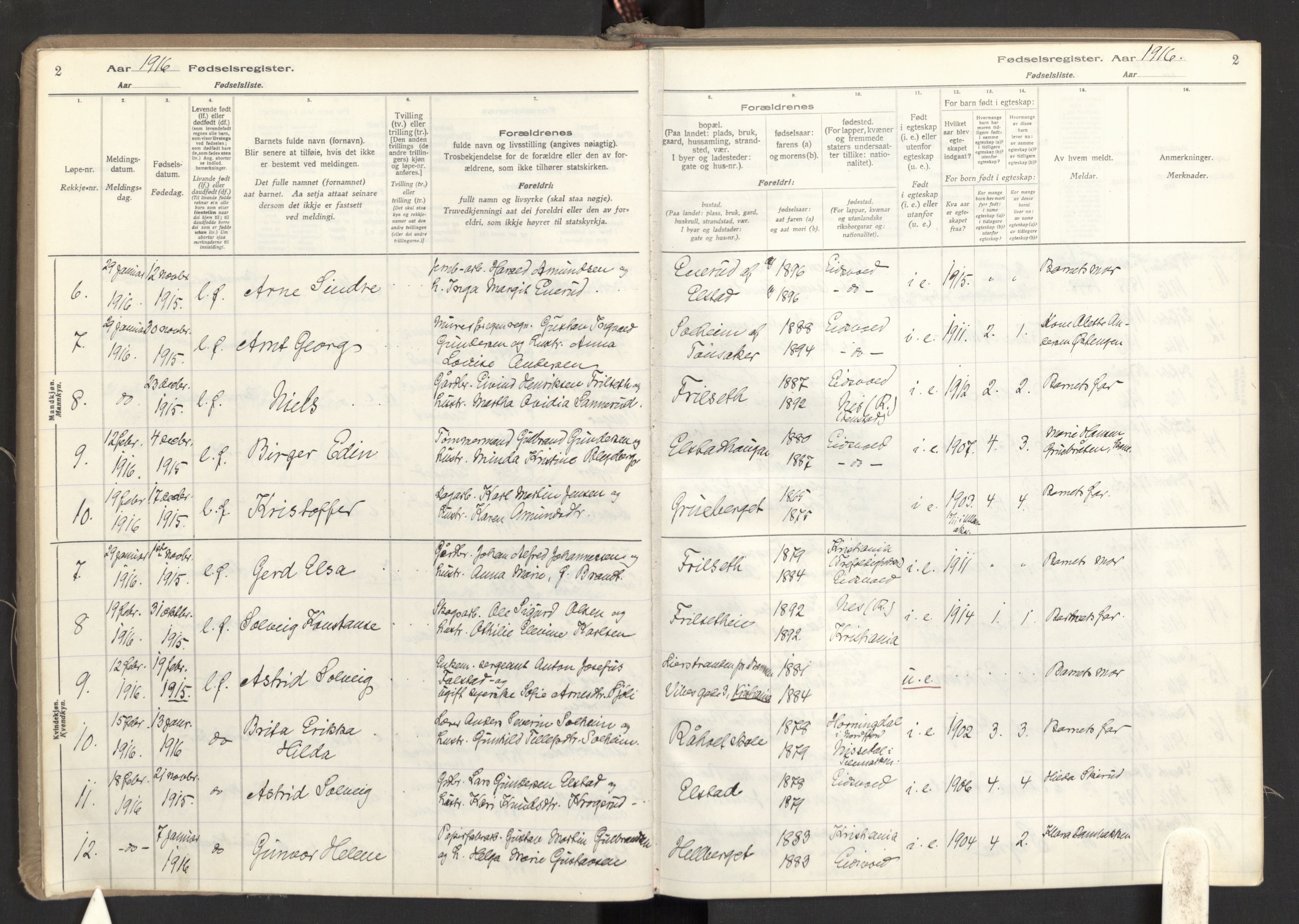 Eidsvoll prestekontor Kirkebøker, SAO/A-10888: Birth register no. I 1, 1916-1924, p. 2