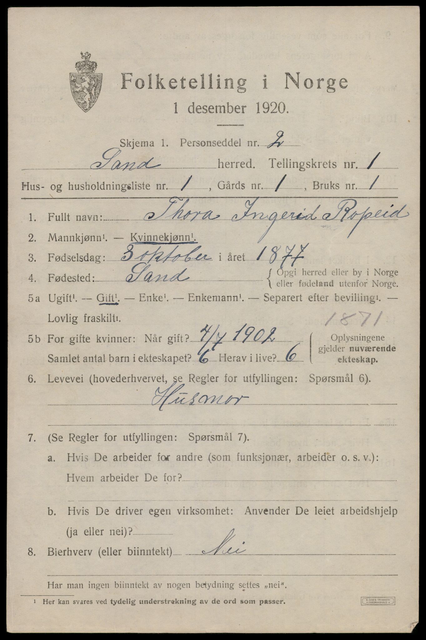 SAST, 1920 census for Sand, 1920, p. 595