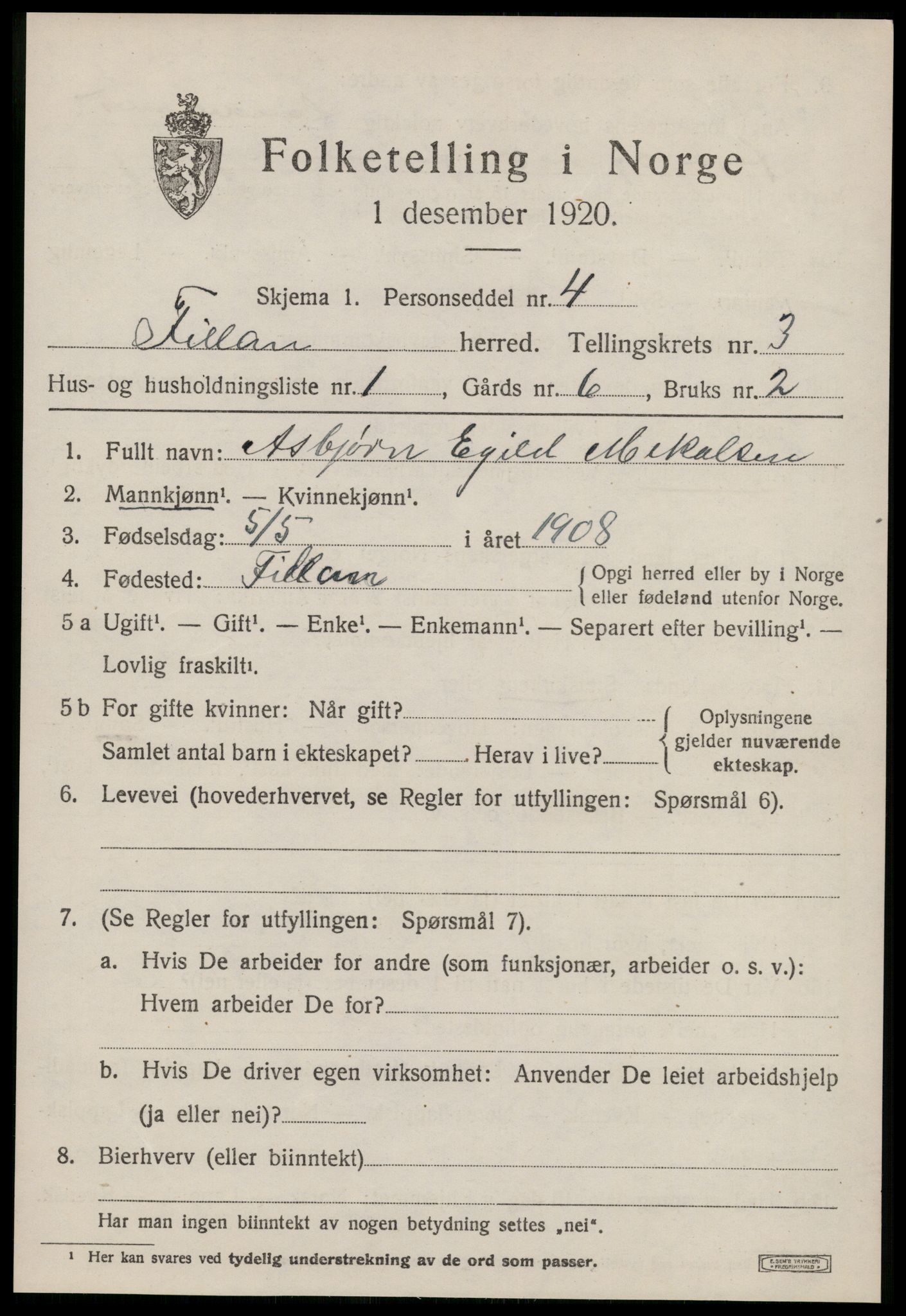 SAT, 1920 census for Fillan, 1920, p. 1470