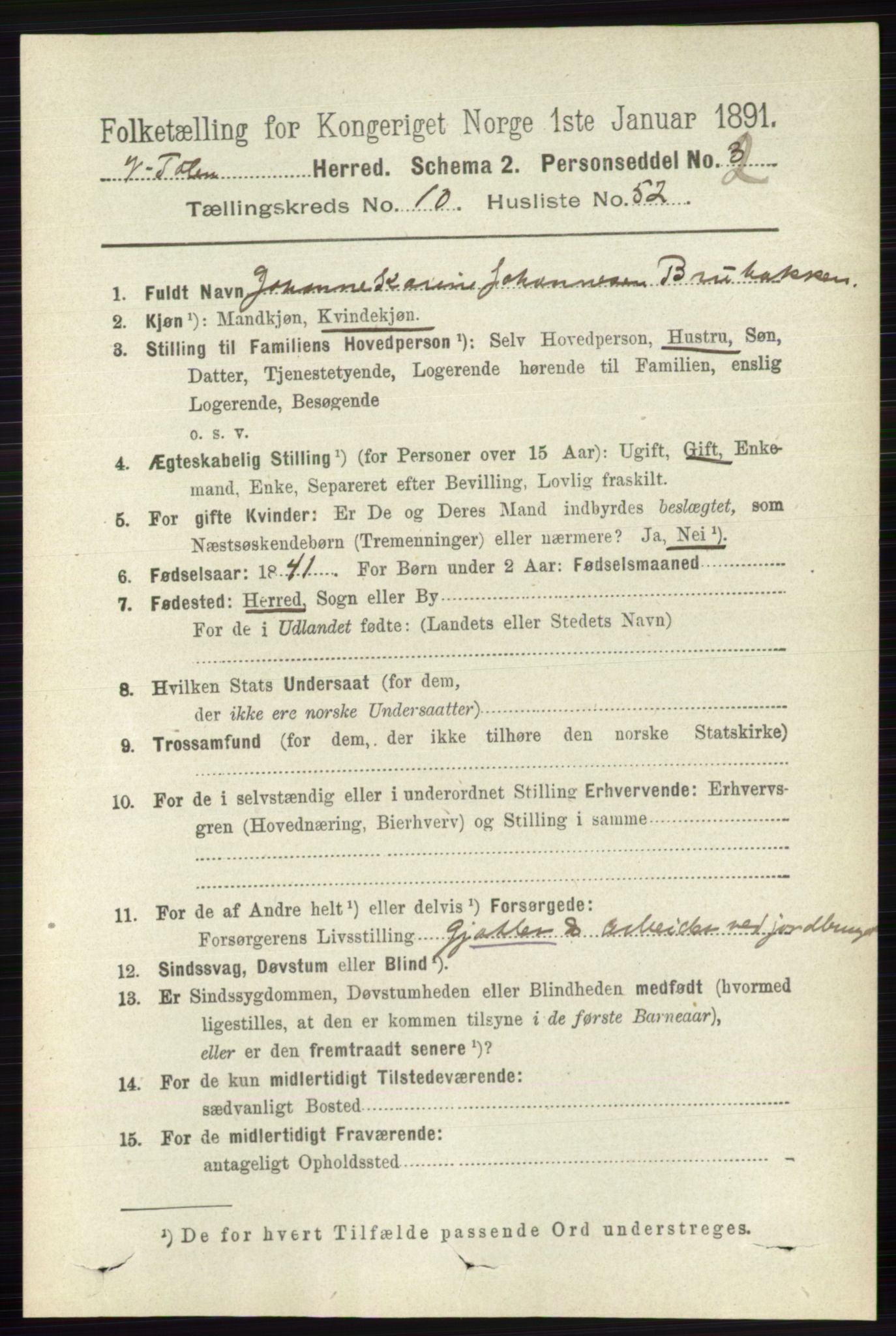 RA, 1891 census for 0529 Vestre Toten, 1891, p. 6505