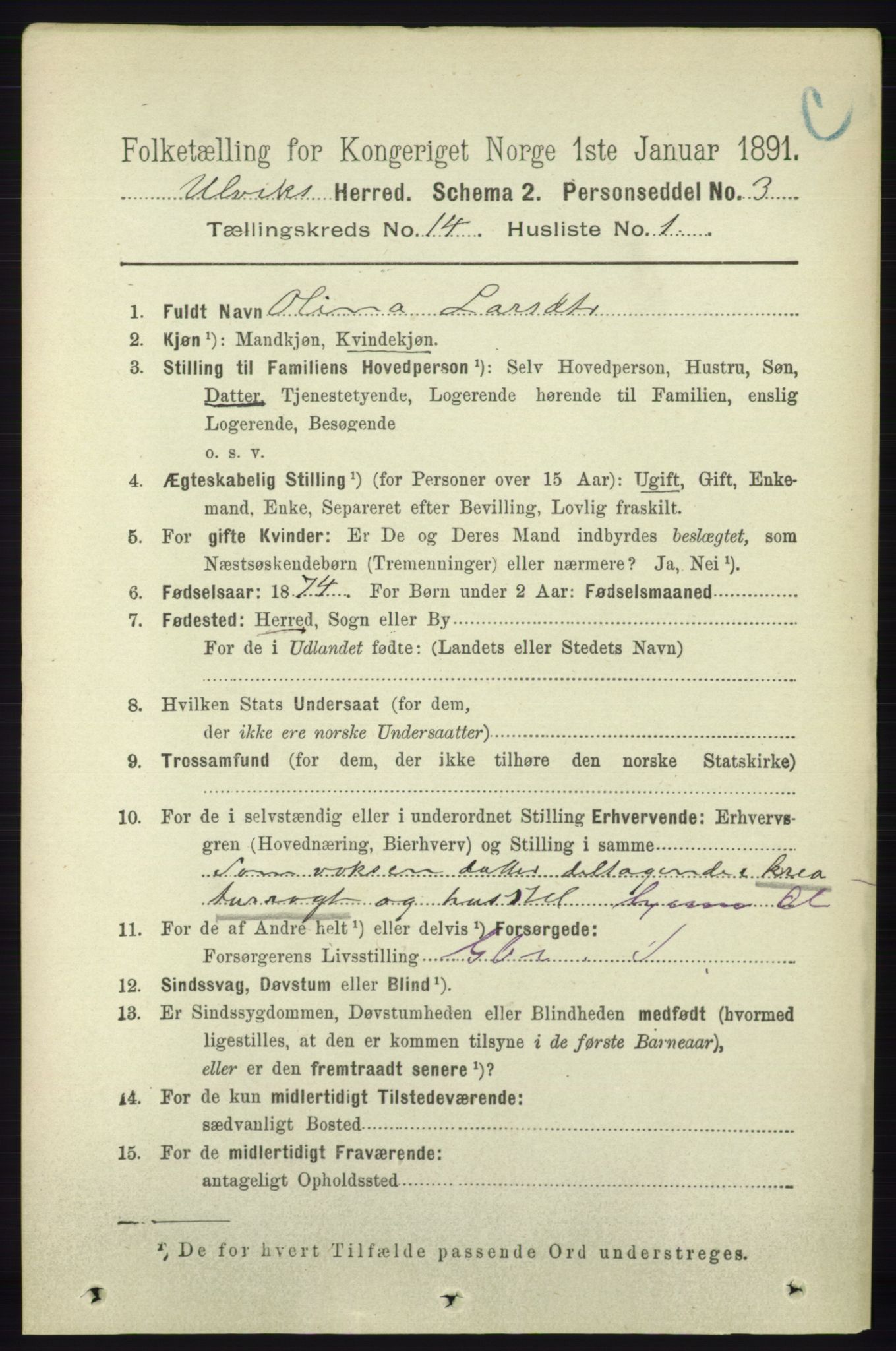 RA, 1891 census for 1233 Ulvik, 1891, p. 4277