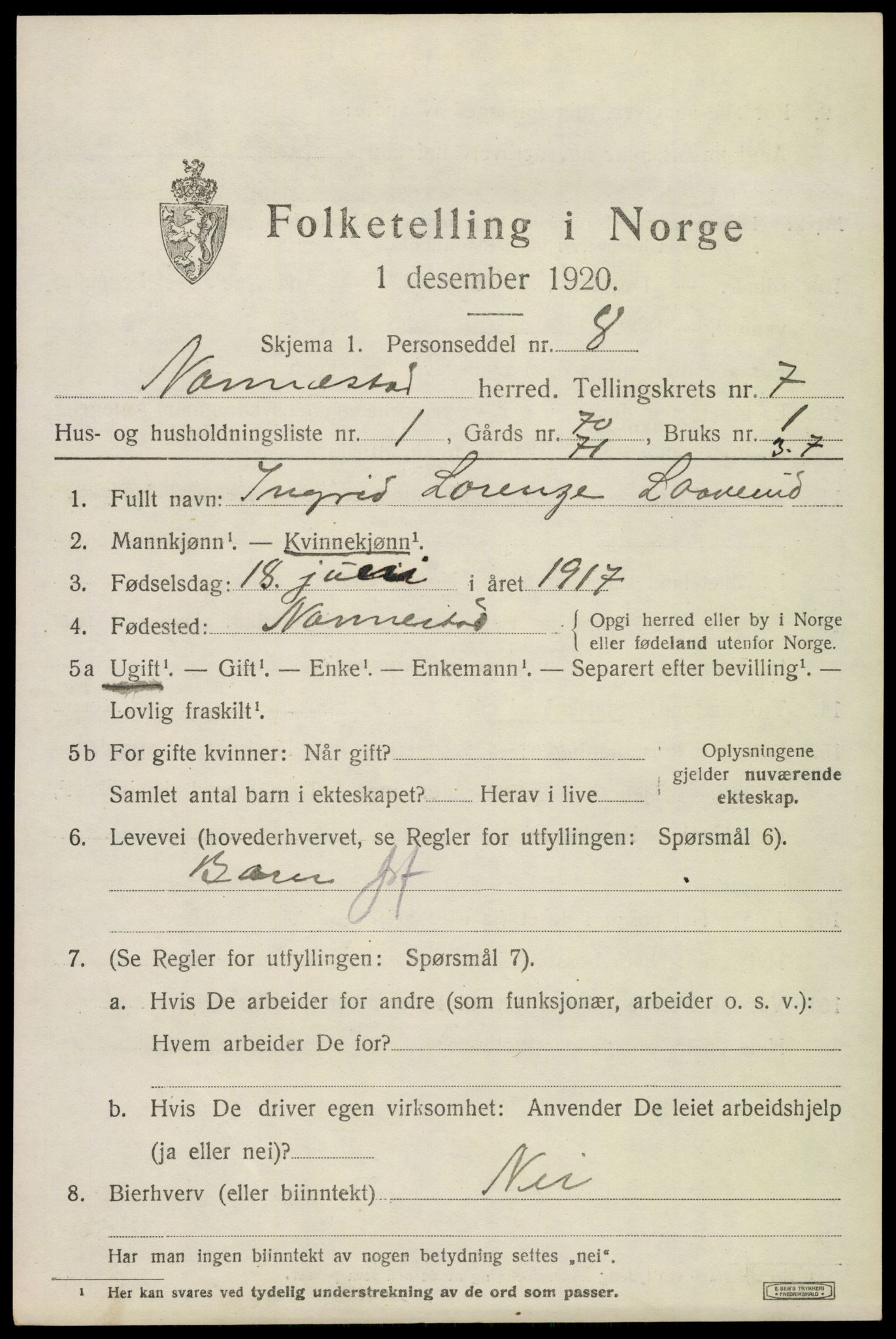 SAO, 1920 census for Nannestad, 1920, p. 8598