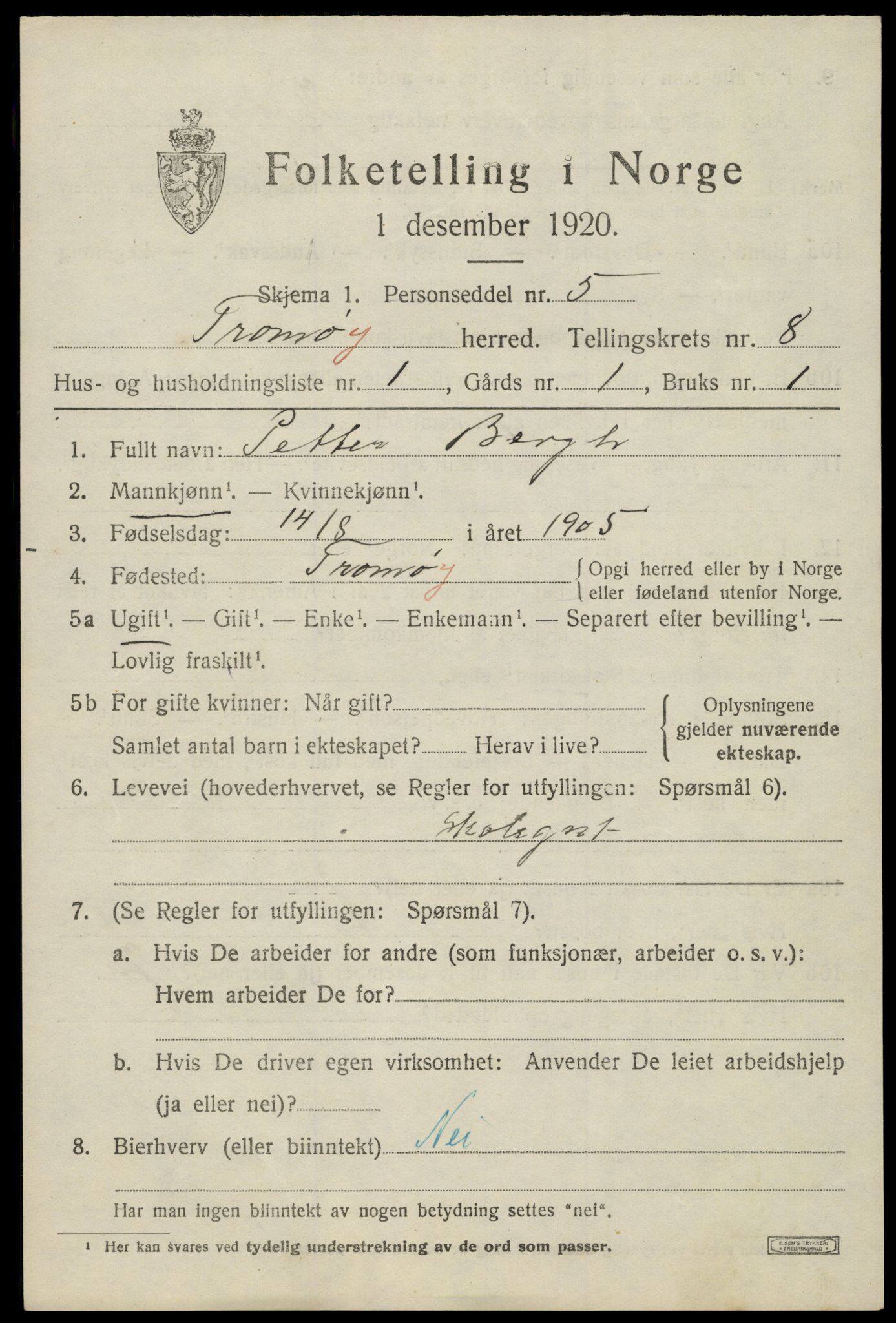 SAK, 1920 census for Tromøy, 1920, p. 5365