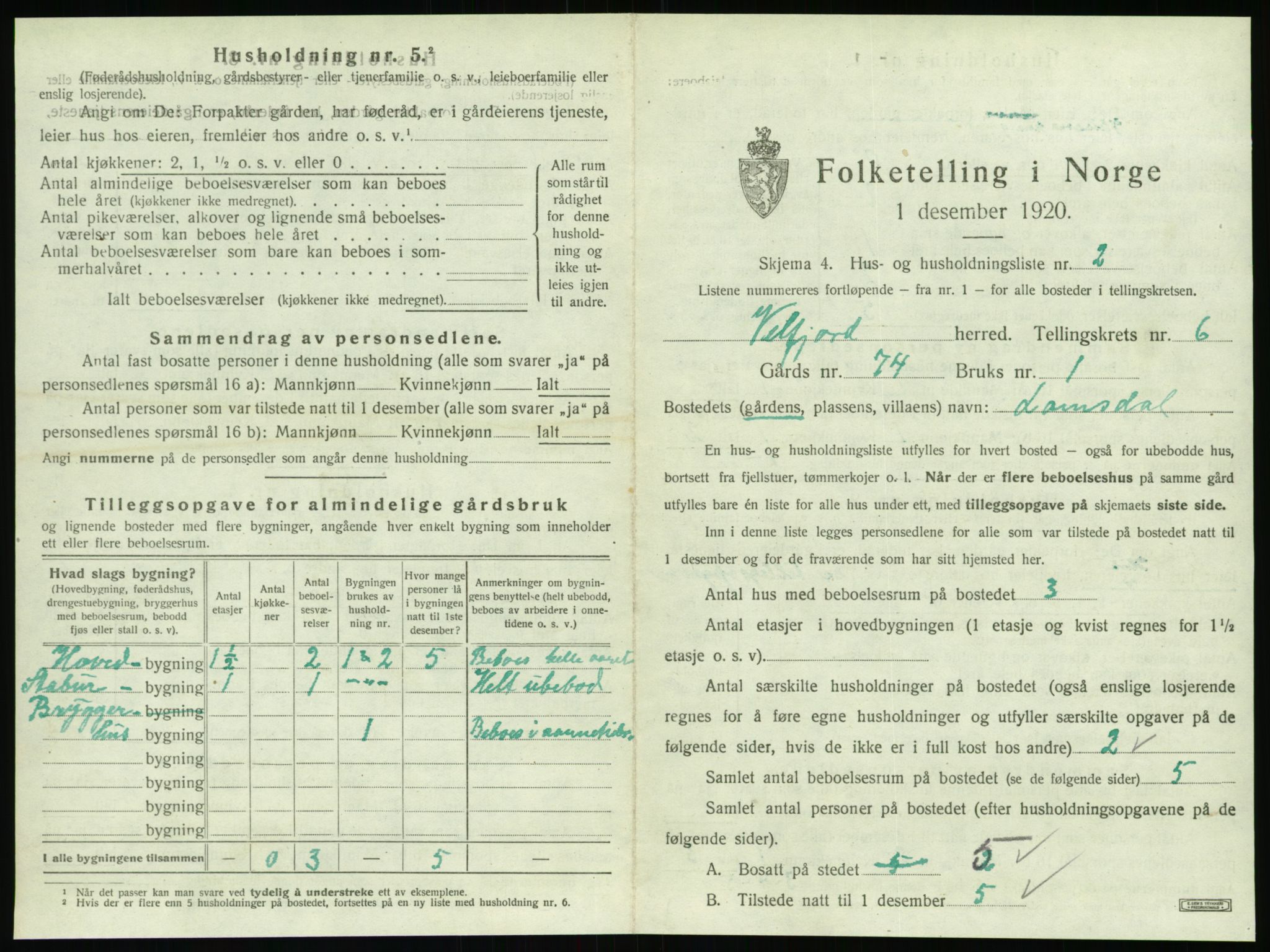 SAT, 1920 census for Velfjord, 1920, p. 529