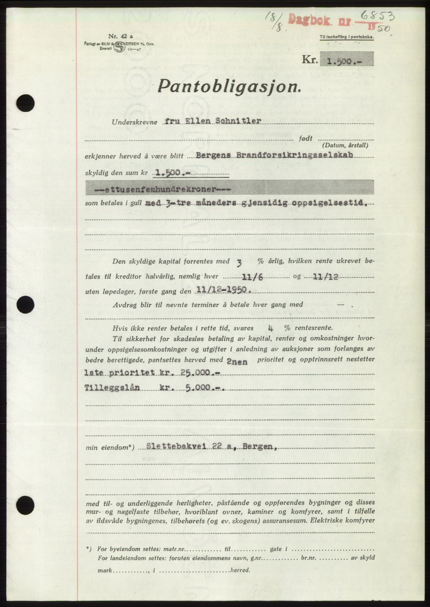 Byfogd og Byskriver i Bergen, AV/SAB-A-3401/03/03Bd/L0004: Mortgage book no. B40-41, 1950-1950, Diary no: : 6853/1950