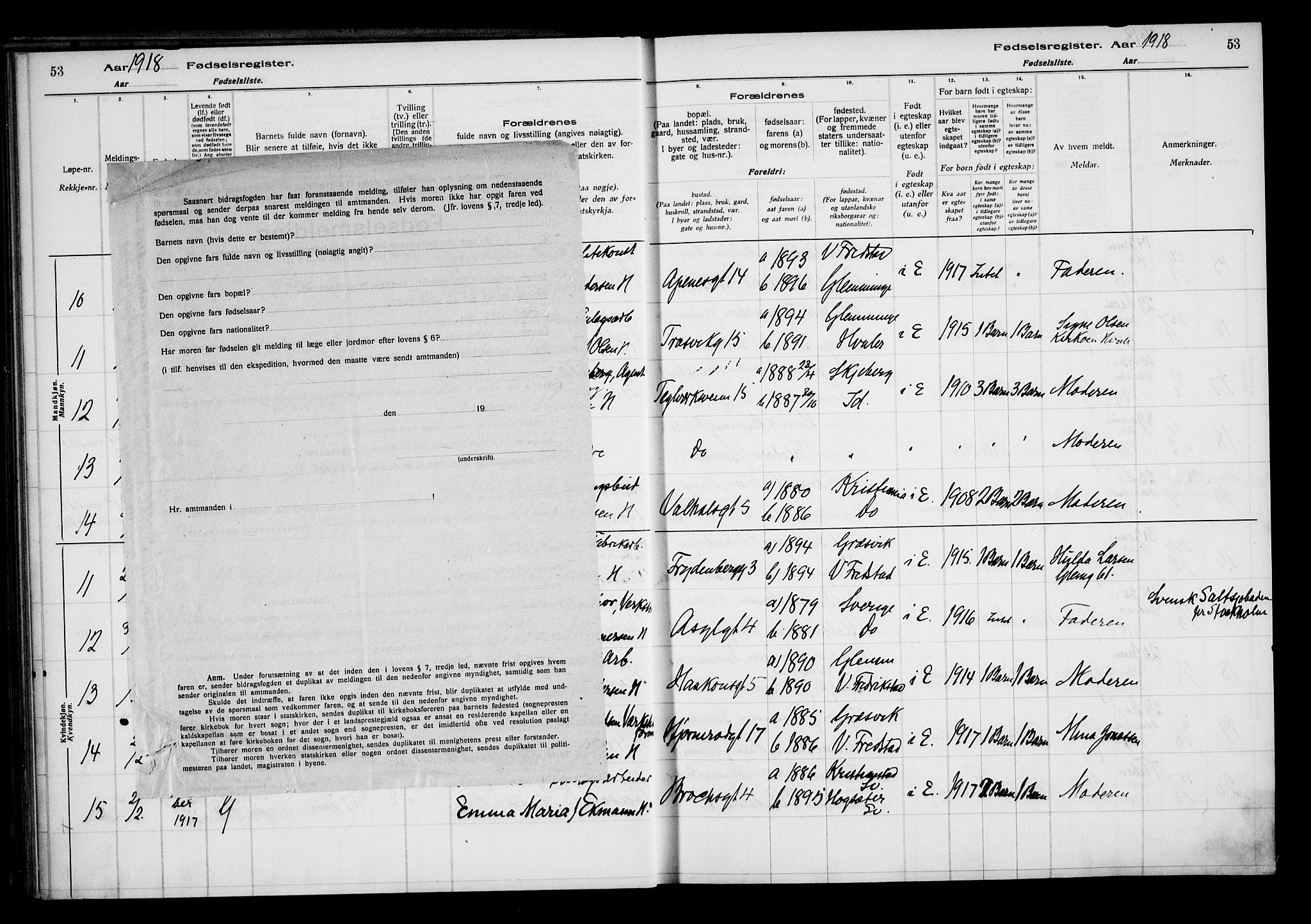 Fredrikstad domkirkes prestekontor Kirkebøker, AV/SAO-A-10906/J/*Ja/L0001: Birth register no. 1, 1916-1925, p. 53