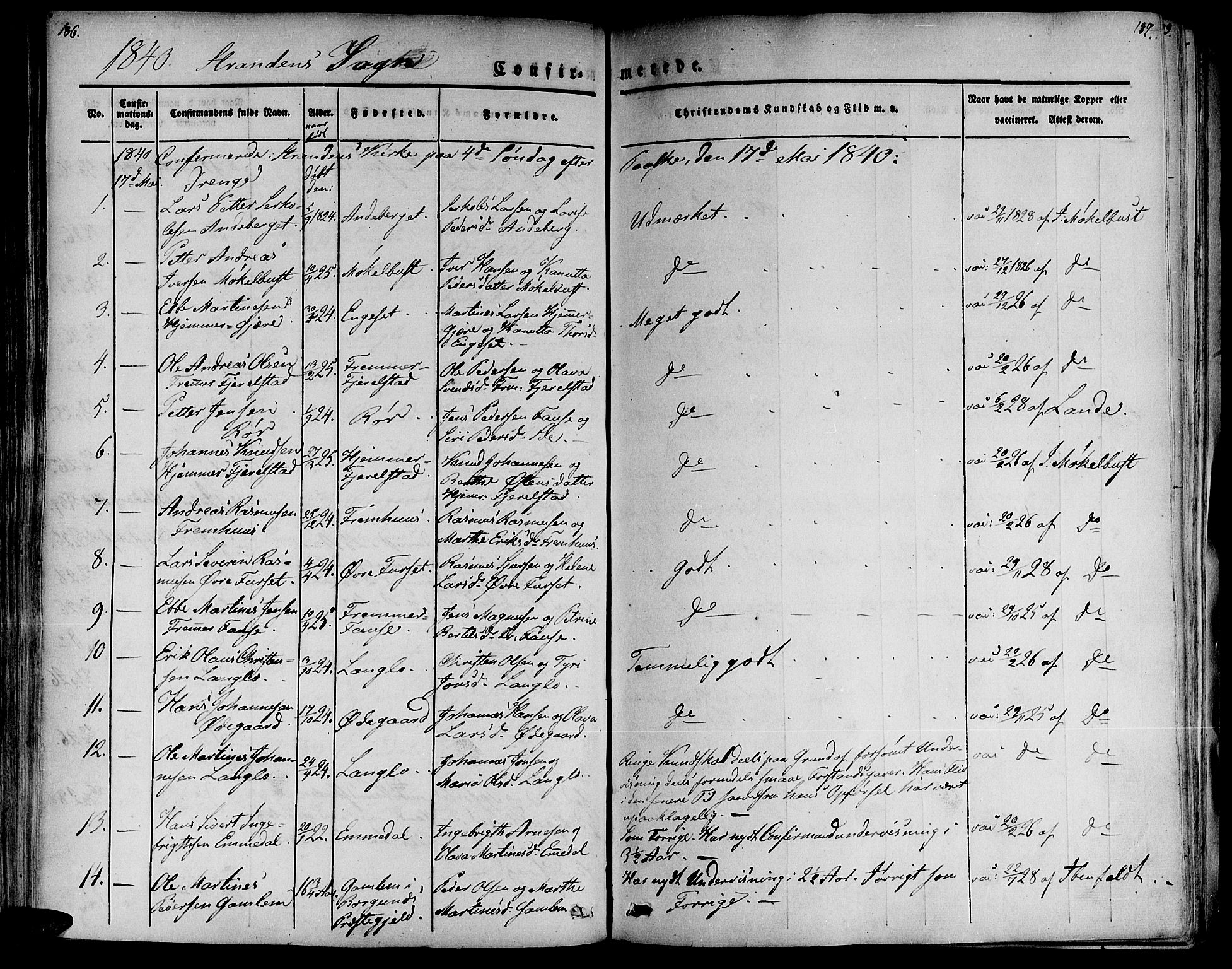 Ministerialprotokoller, klokkerbøker og fødselsregistre - Møre og Romsdal, AV/SAT-A-1454/520/L0274: Parish register (official) no. 520A04, 1827-1864, p. 186-187