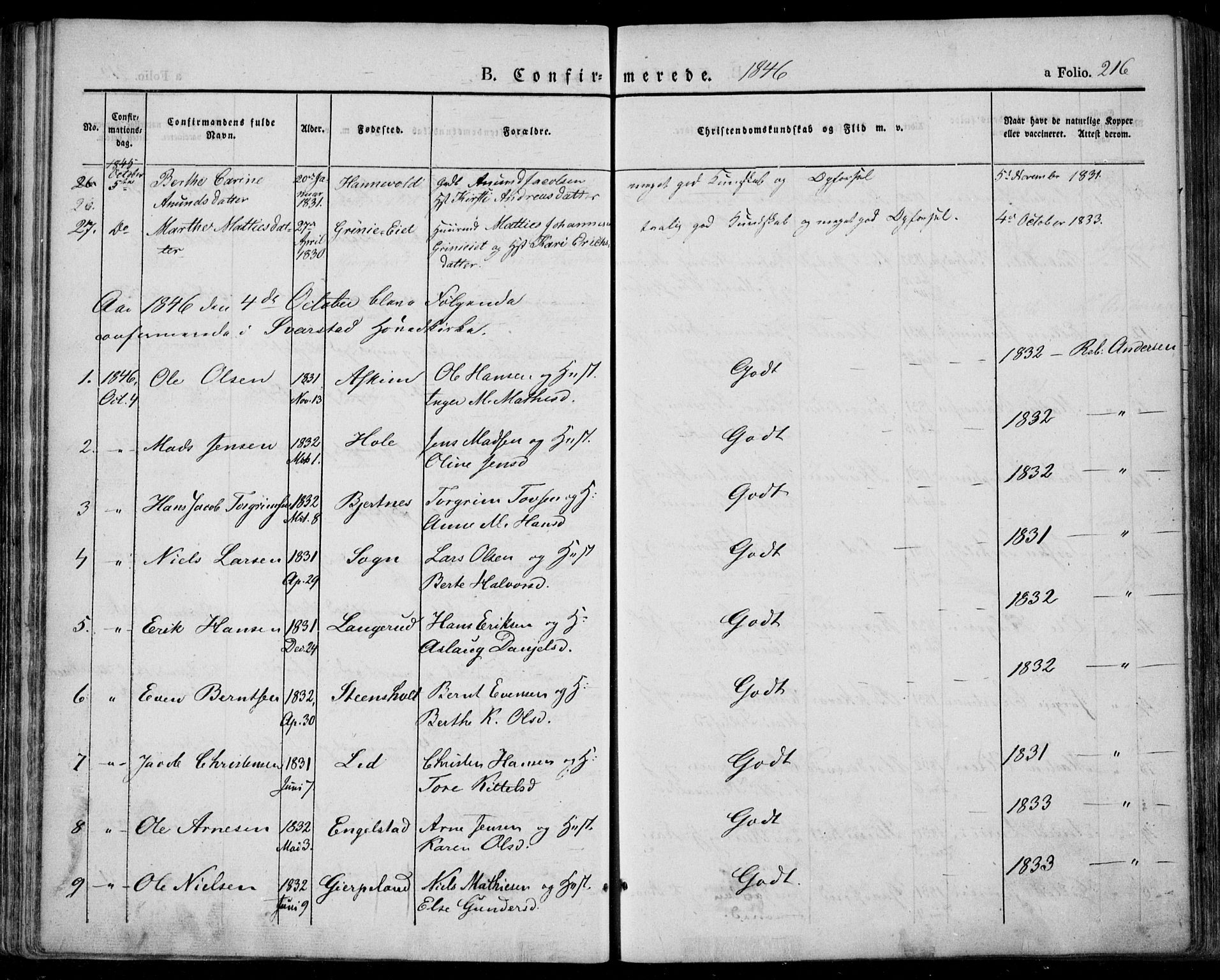 Lardal kirkebøker, AV/SAKO-A-350/F/Fa/L0006: Parish register (official) no. I 6, 1835-1860, p. 216
