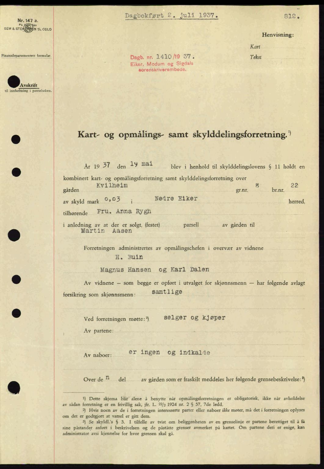 Eiker, Modum og Sigdal sorenskriveri, SAKO/A-123/G/Ga/Gab/L0035: Mortgage book no. A5, 1937-1937, Diary no: : 1410/1937