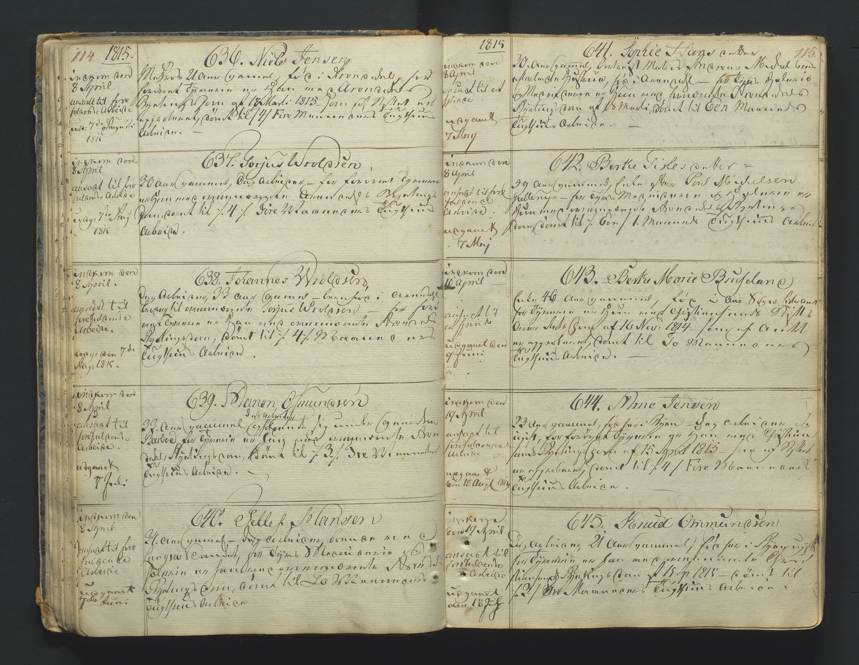 Kristiansand tukthus, AV/SAK-1251-0009/G/Gc/L0007/0001: Fangeregistrering / Fangeprotokoll innkomne fanger med register, 1789-1835, p. 114-115