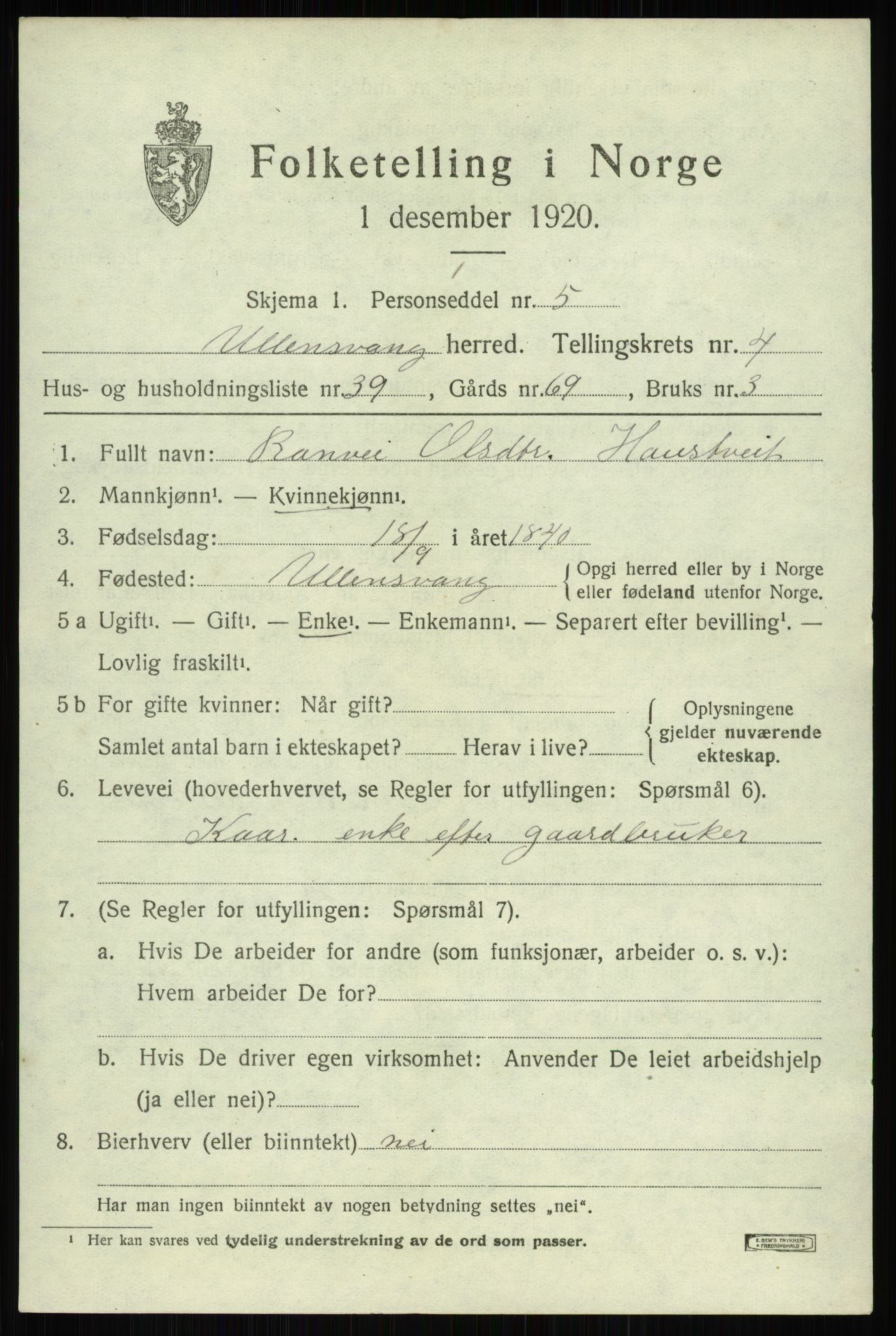 SAB, 1920 census for Ullensvang, 1920, p. 2366