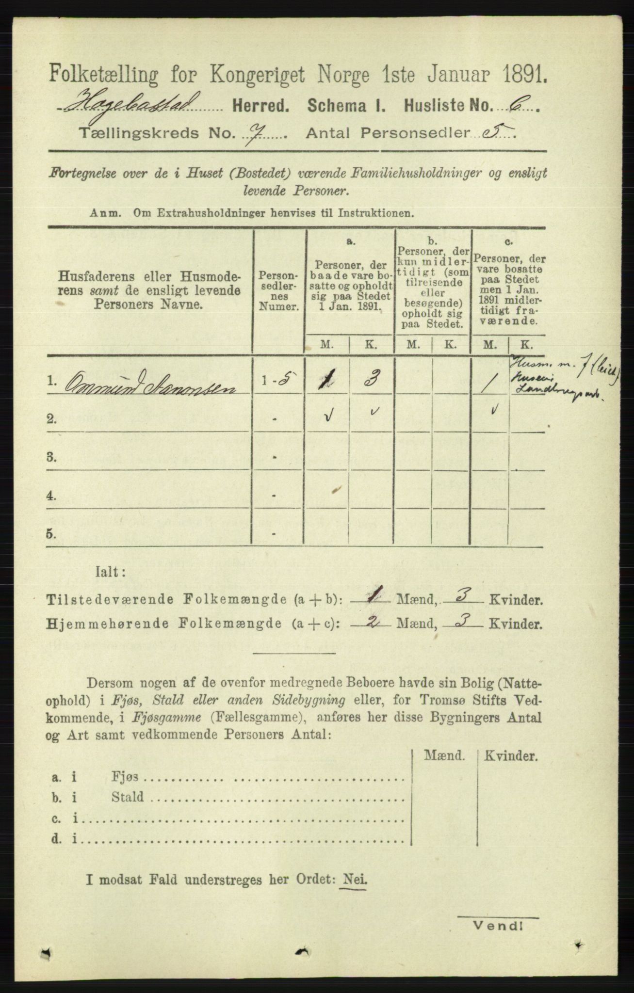 RA, 1891 census for 1034 Hægebostad, 1891, p. 2053