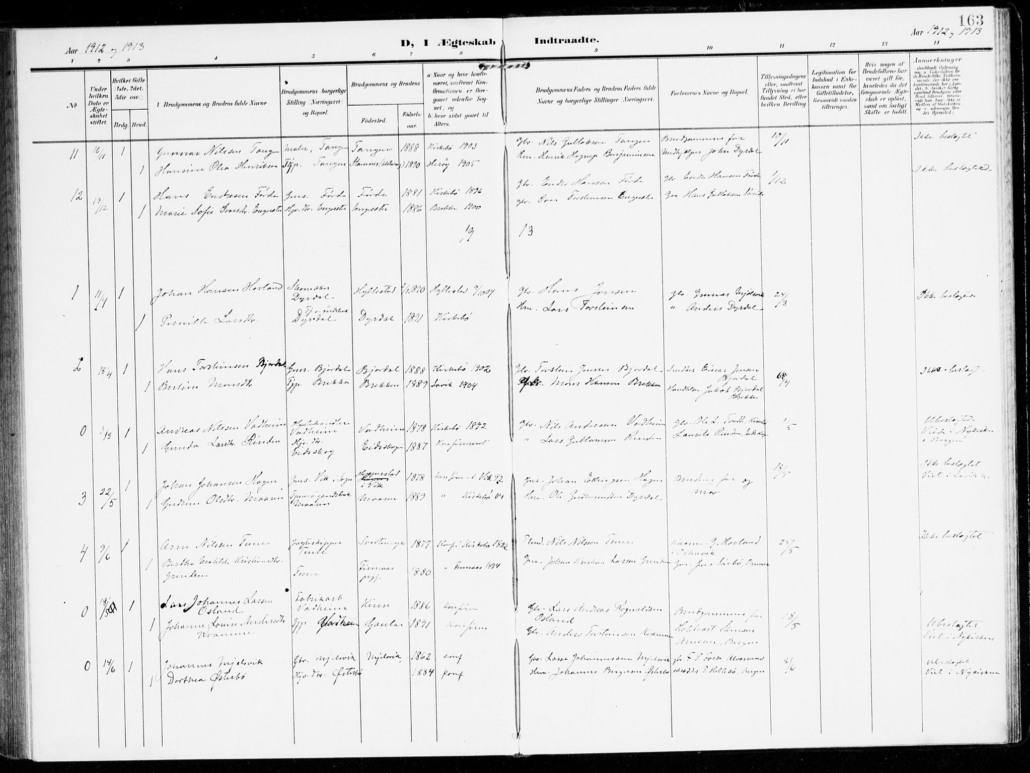 Lavik sokneprestembete, AV/SAB-A-80901: Parish register (official) no. C 2, 1904-1921, p. 163