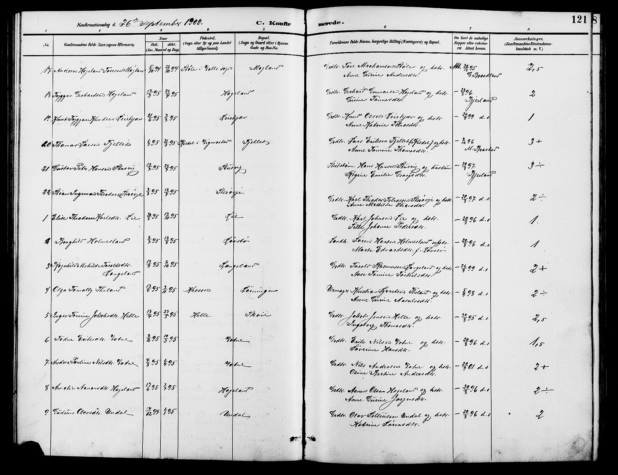 Holum sokneprestkontor, SAK/1111-0022/F/Fb/Fba/L0005: Parish register (copy) no. B 5, 1891-1909, p. 121