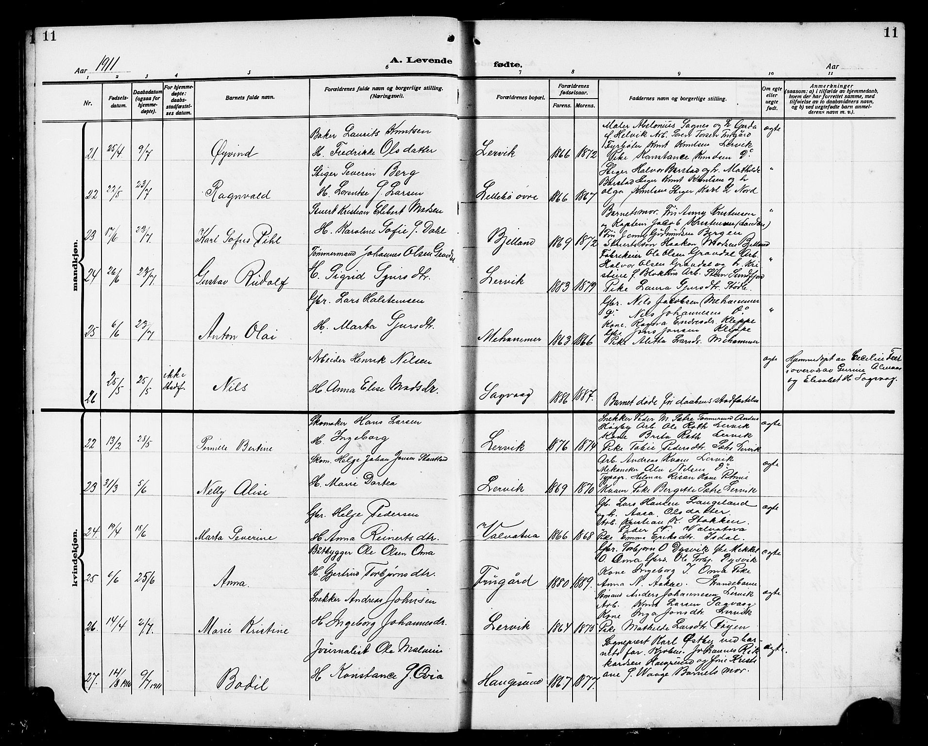 Stord sokneprestembete, AV/SAB-A-78201/H/Hab: Parish register (copy) no. A 3, 1910-1919, p. 11