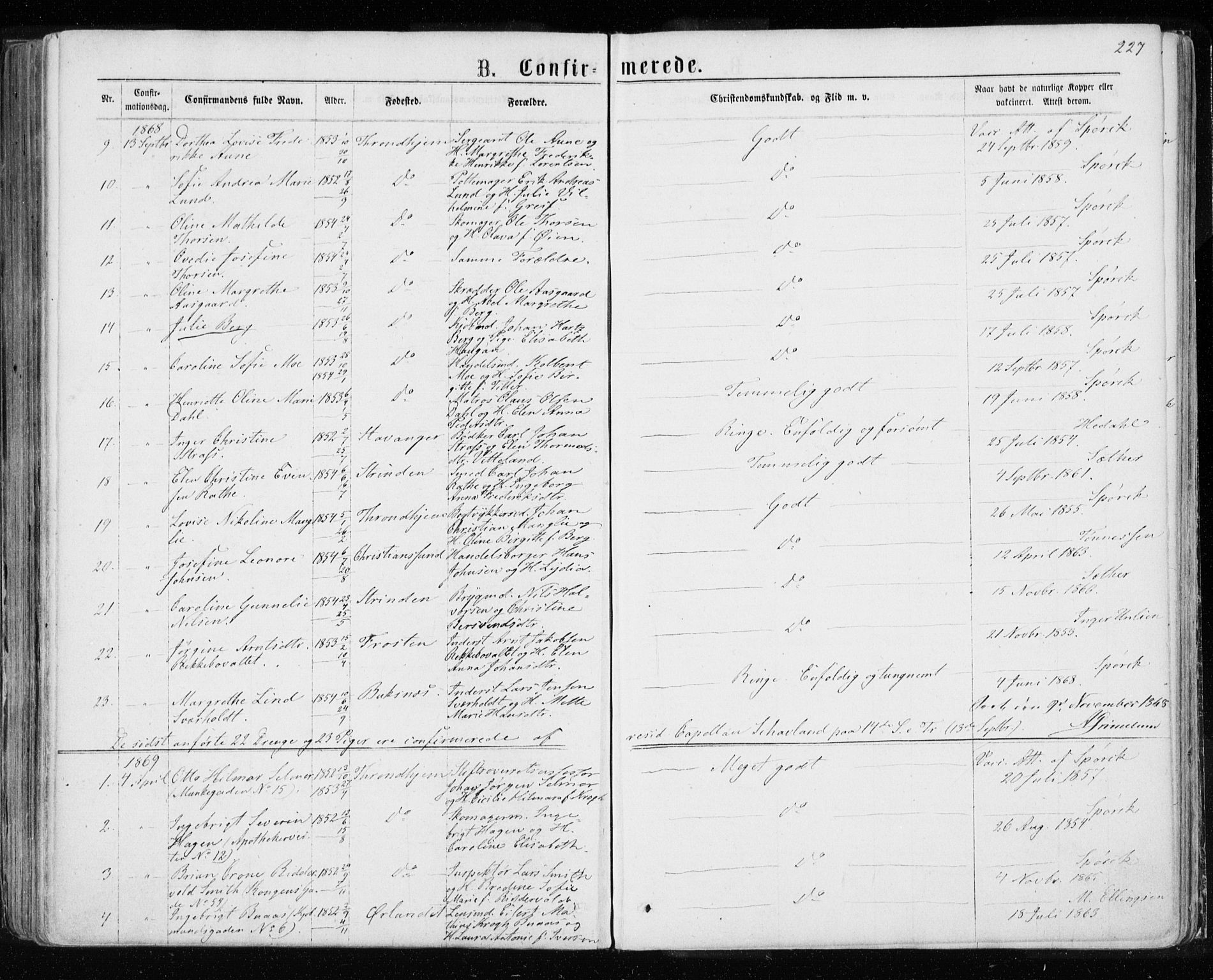 Ministerialprotokoller, klokkerbøker og fødselsregistre - Sør-Trøndelag, SAT/A-1456/601/L0054: Parish register (official) no. 601A22, 1866-1877, p. 227
