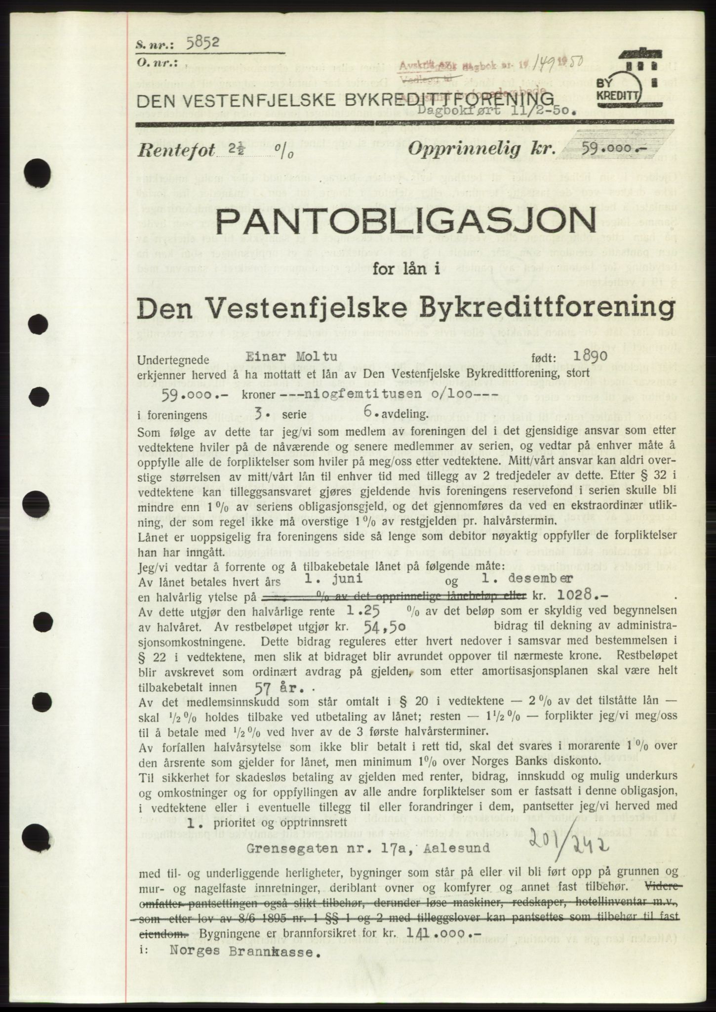 Ålesund byfogd, AV/SAT-A-4384: Mortgage book no. B36-38, 1948-1950, Diary no: : 149/1950