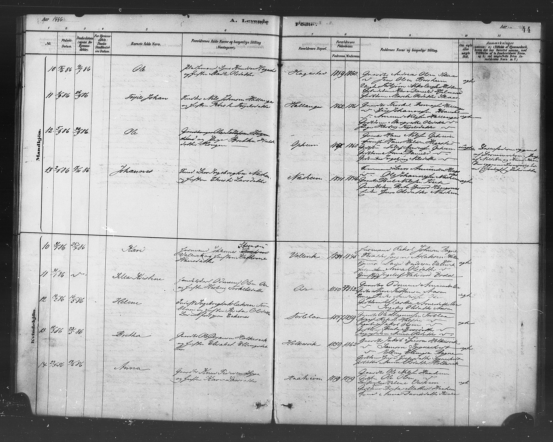 Ulvik sokneprestembete, AV/SAB-A-78801/H/Haa: Parish register (official) no. B 1, 1878-1897, p. 44