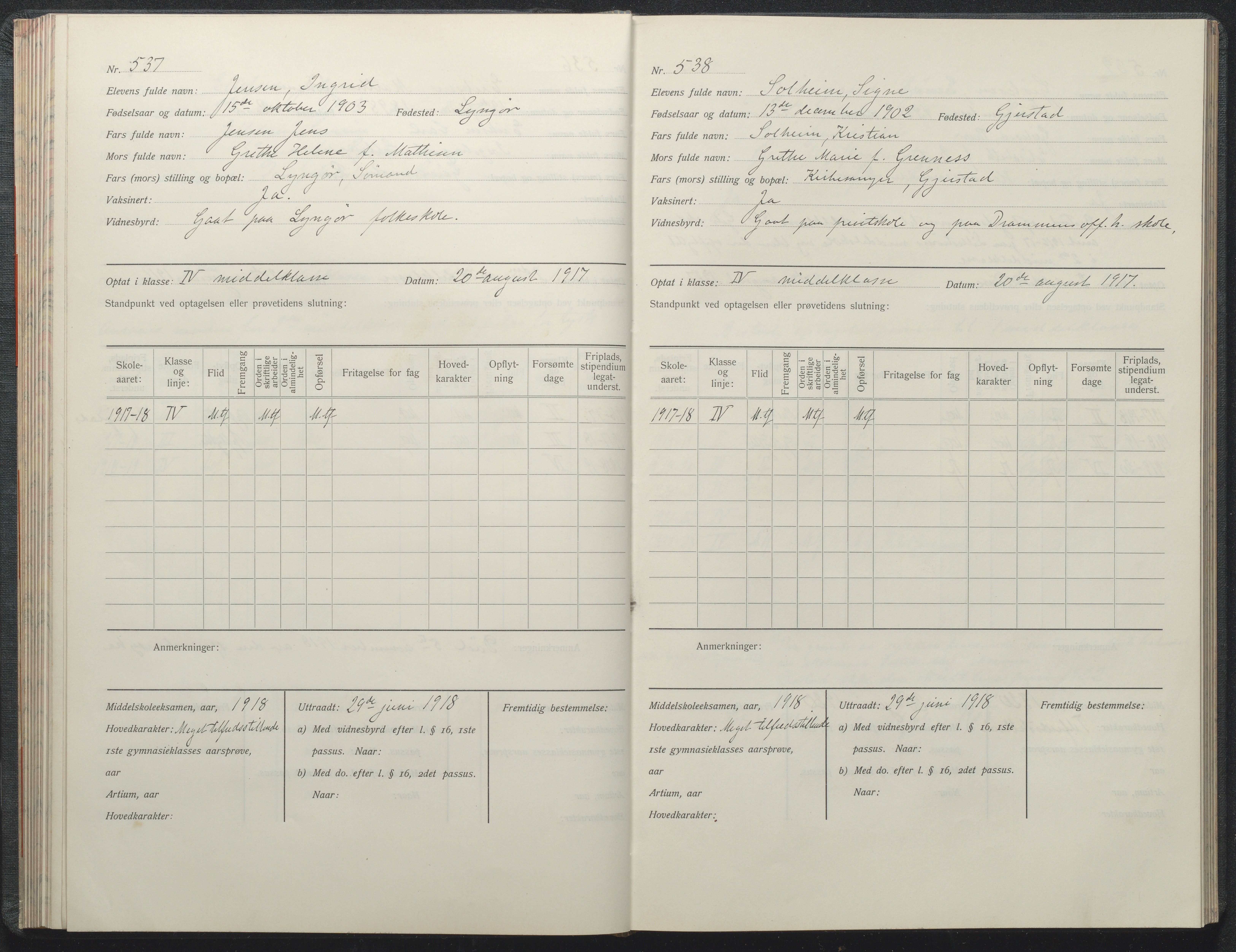 Risør kommune, AAKS/KA0901-PK/1/05/05i/L0002: Manntallsprotokoll, 1911-1925, p. 537-538