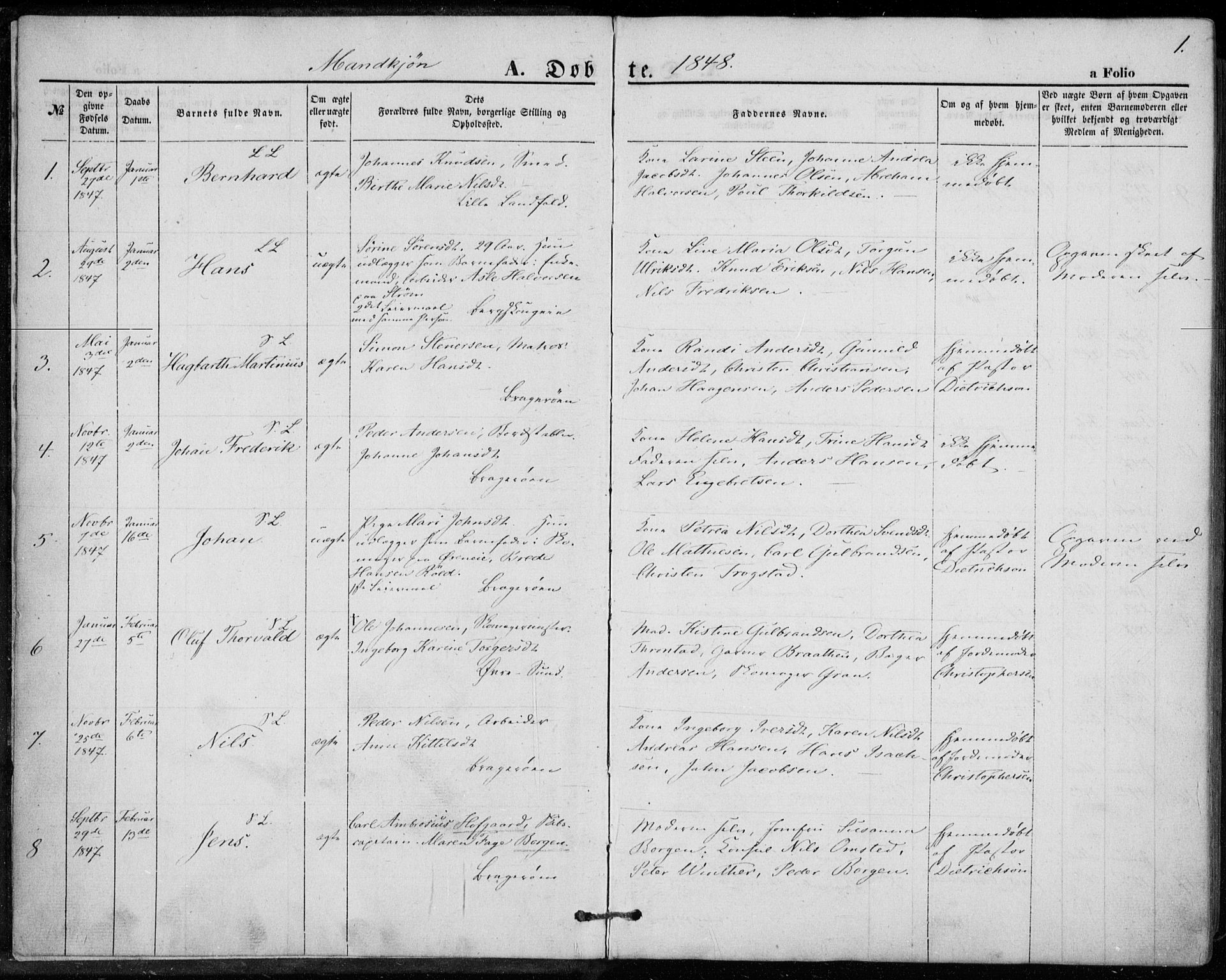 Bragernes kirkebøker, AV/SAKO-A-6/F/Fb/L0002: Parish register (official) no. II 2, 1848-1859, p. 1