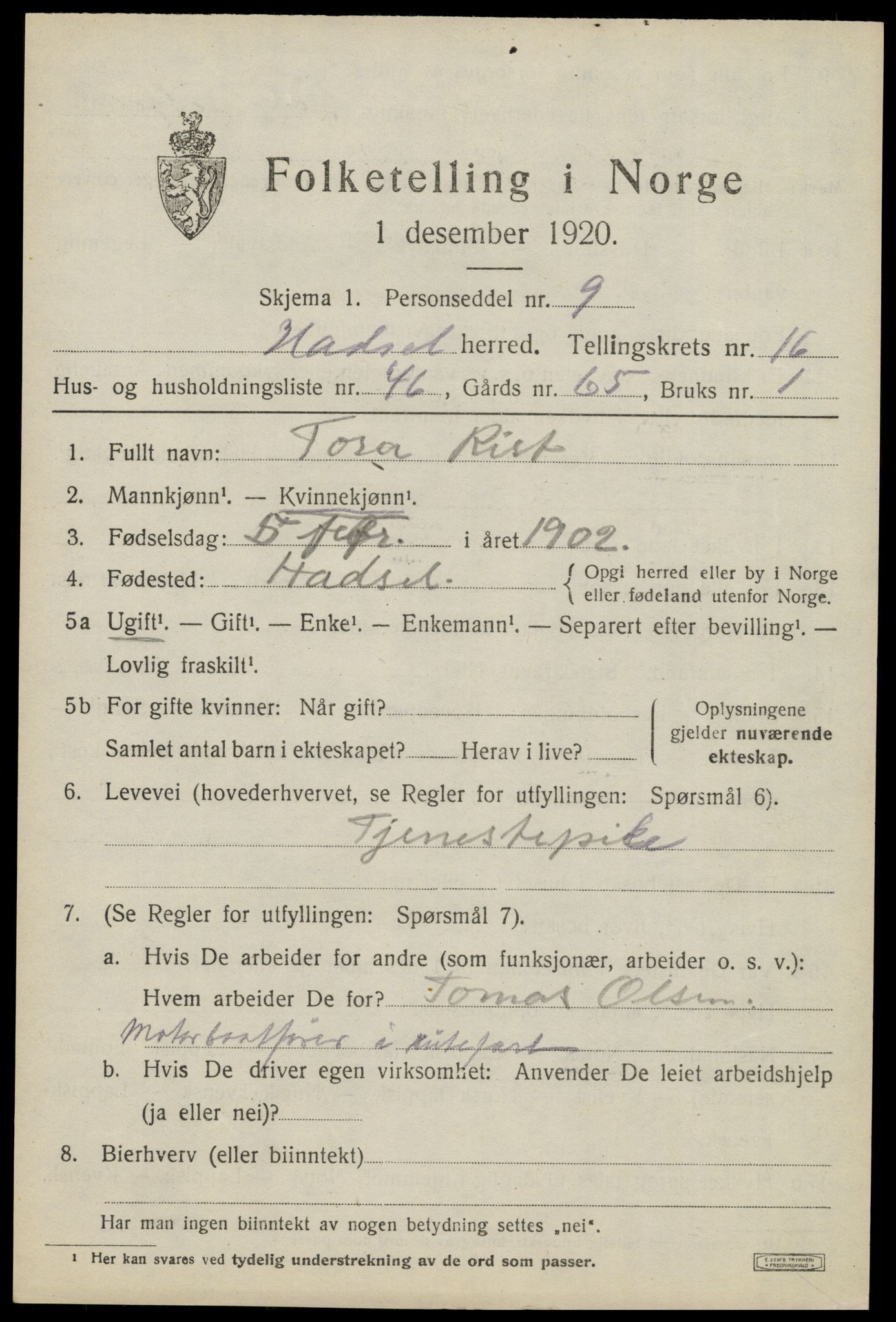 SAT, 1920 census for Hadsel, 1920, p. 14522