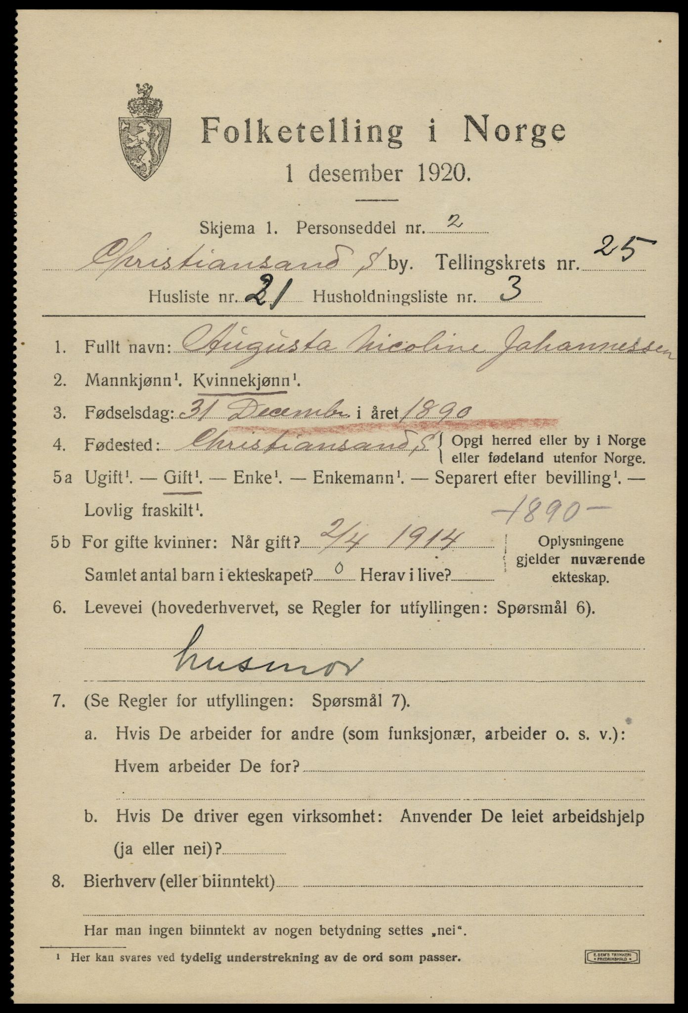 SAK, 1920 census for Kristiansand, 1920, p. 44027