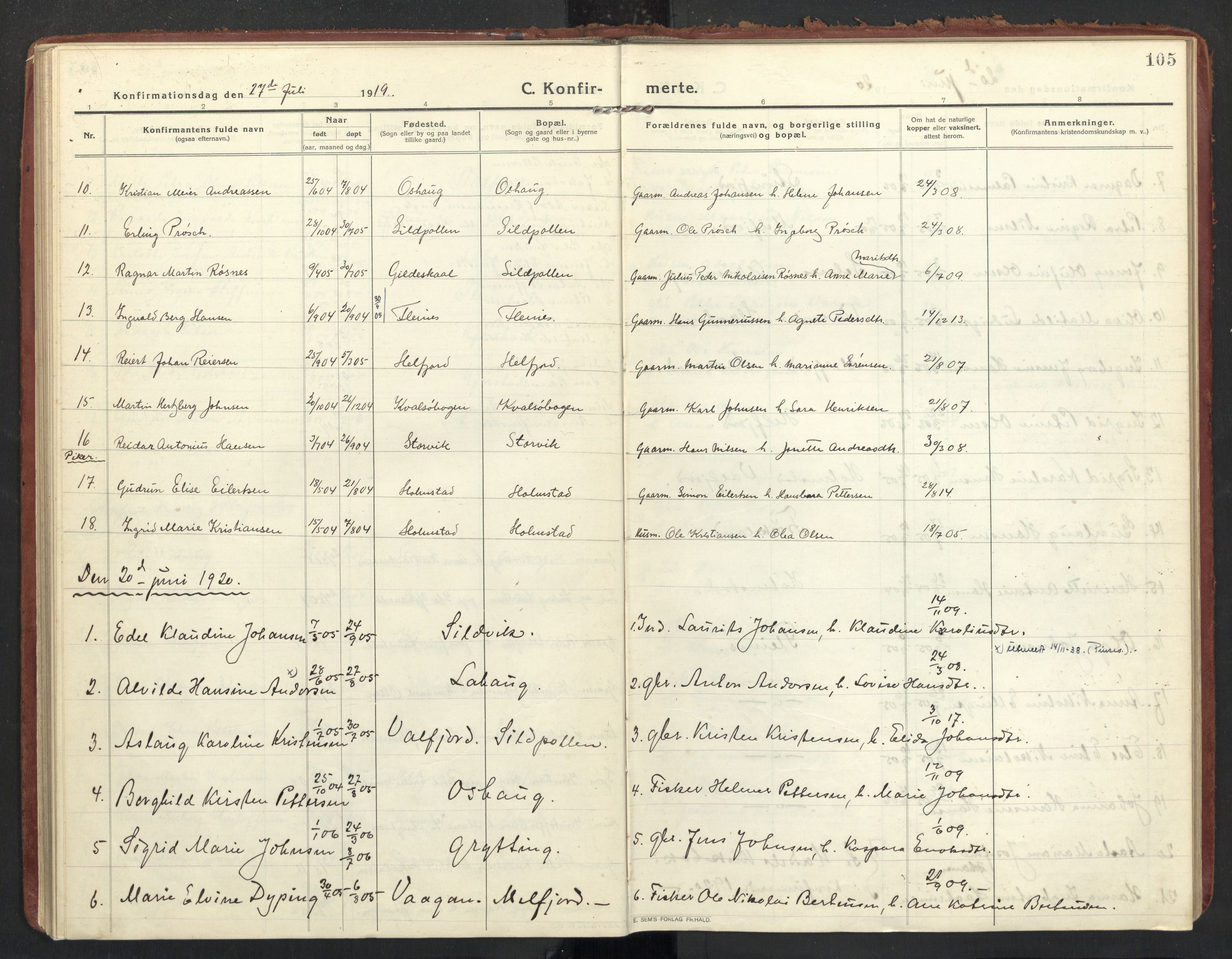 Ministerialprotokoller, klokkerbøker og fødselsregistre - Nordland, SAT/A-1459/890/L1288: Parish register (official) no. 890A03, 1915-1925, p. 105
