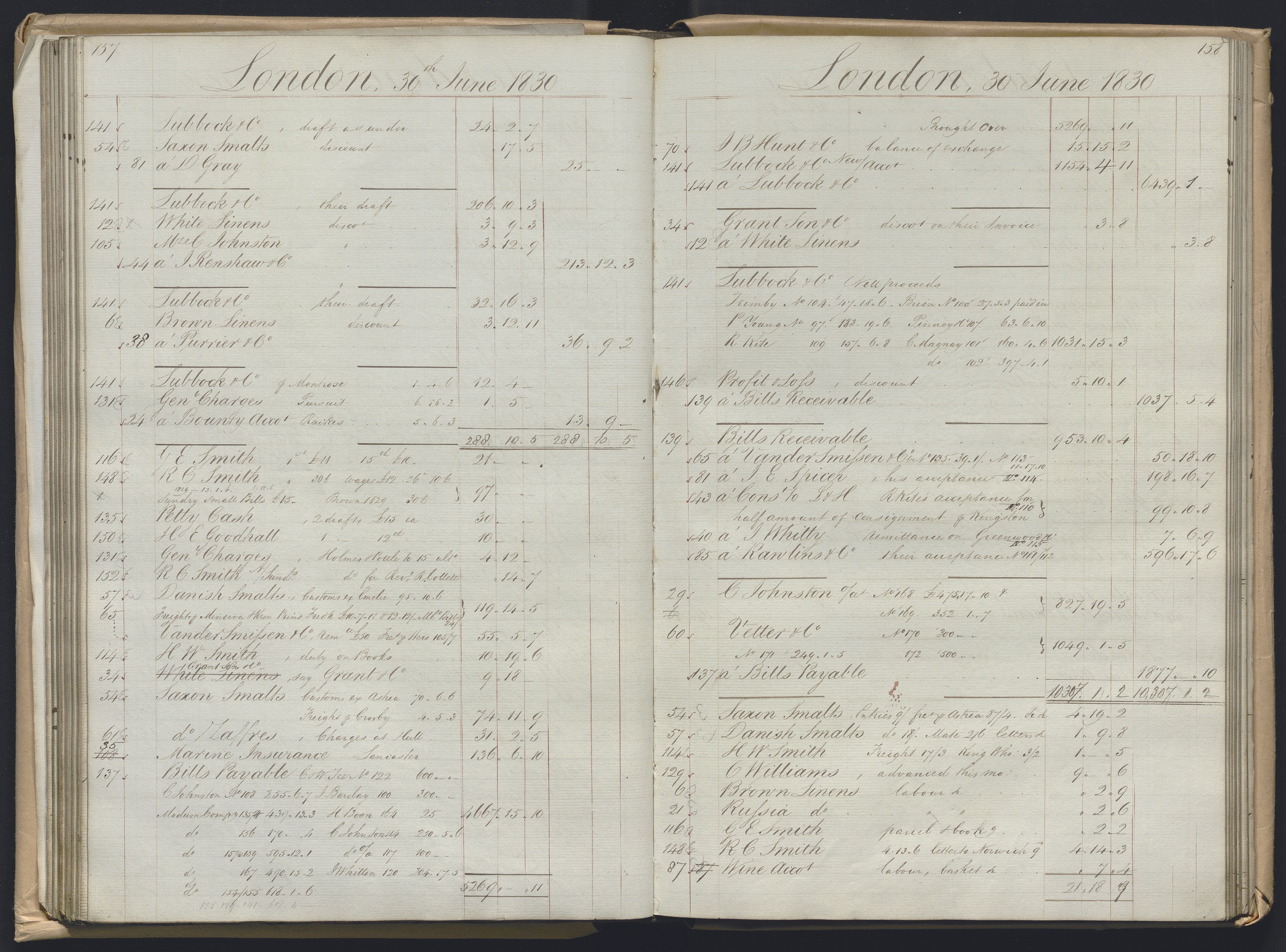 Smith, Goodhall & Reeves, AV/RA-PA-0586/R/L0001: Dagbok (Daybook) A, 1829-1831, p. 157-158