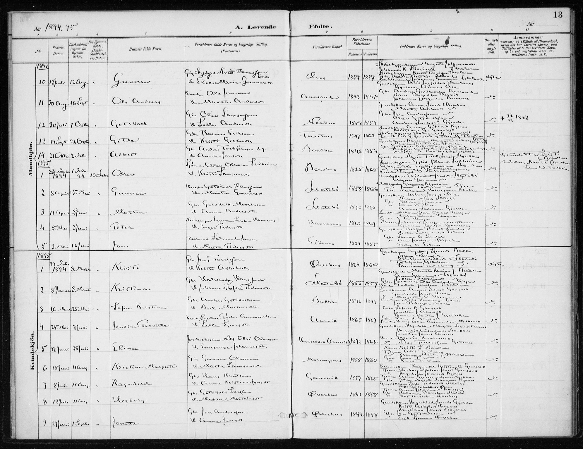 Kvinnherad sokneprestembete, SAB/A-76401/H/Haa: Parish register (official) no. F 1, 1887-1912, p. 13