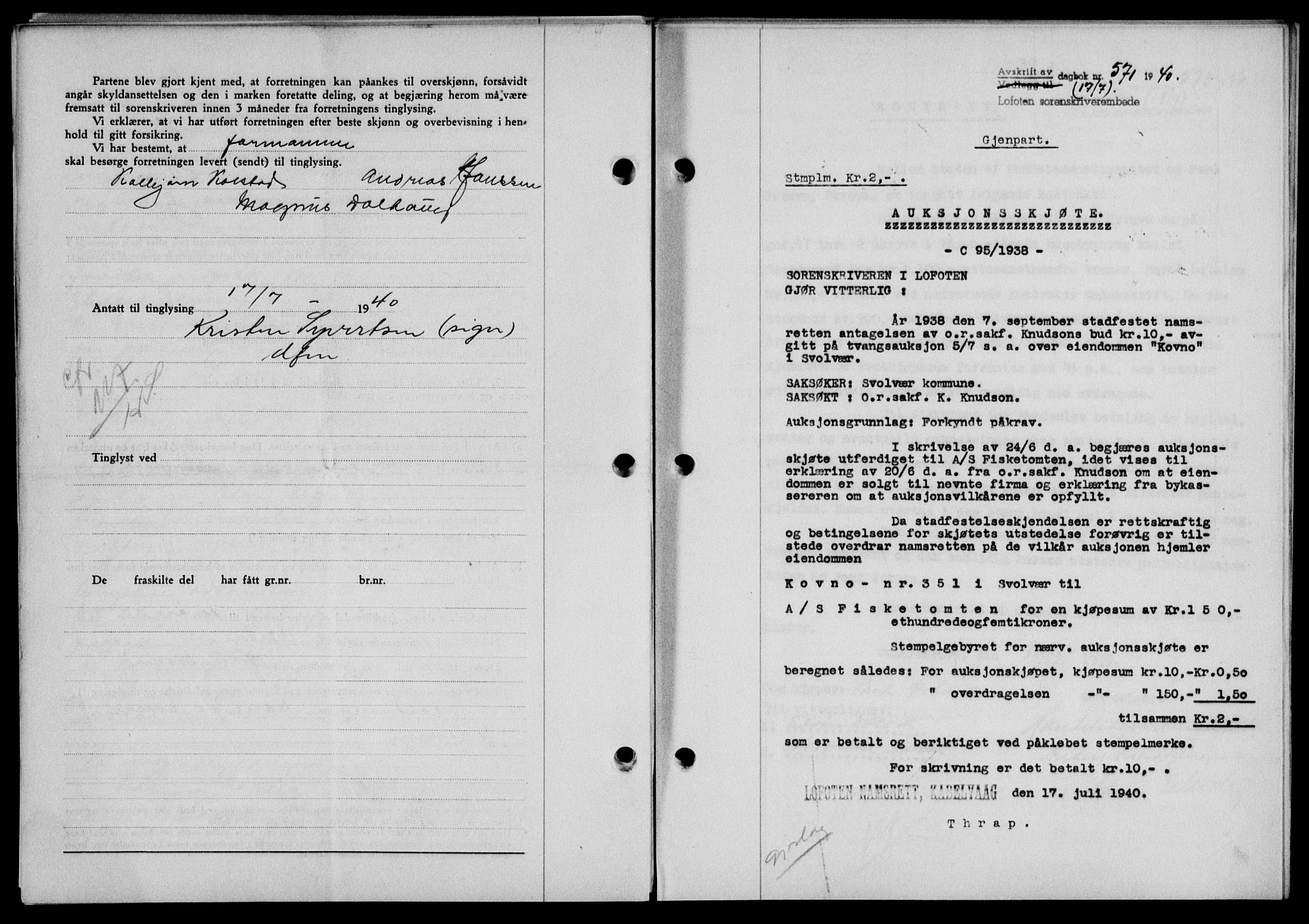 Lofoten sorenskriveri, SAT/A-0017/1/2/2C/L0007a: Mortgage book no. 7a, 1939-1940, Diary no: : 571/1940