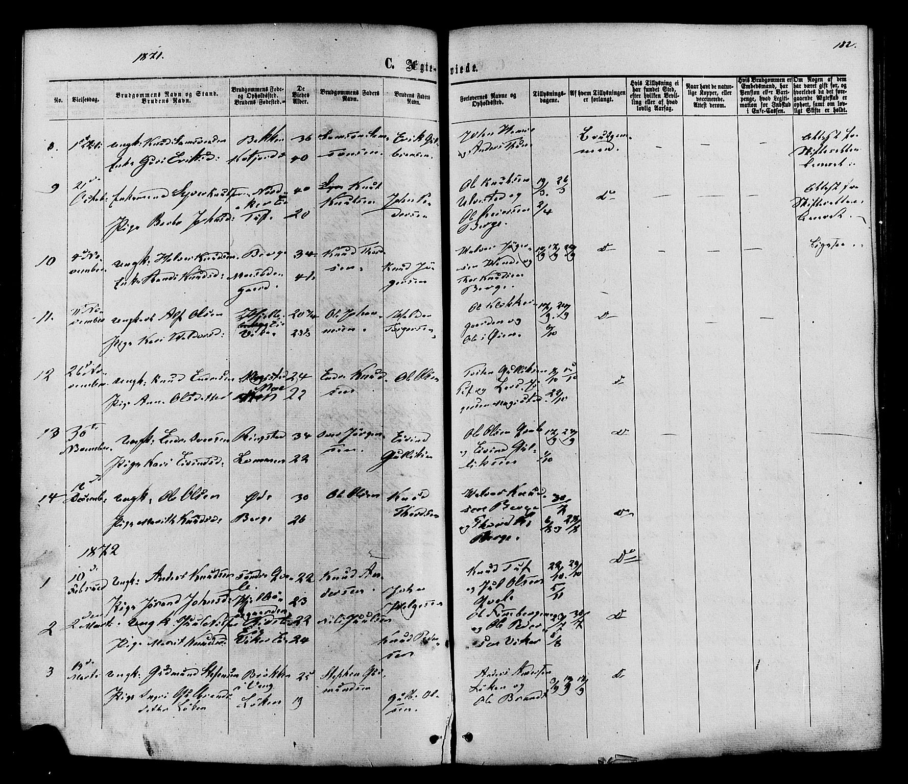 Vestre Slidre prestekontor, SAH/PREST-136/H/Ha/Haa/L0003: Parish register (official) no. 3, 1865-1880, p. 182