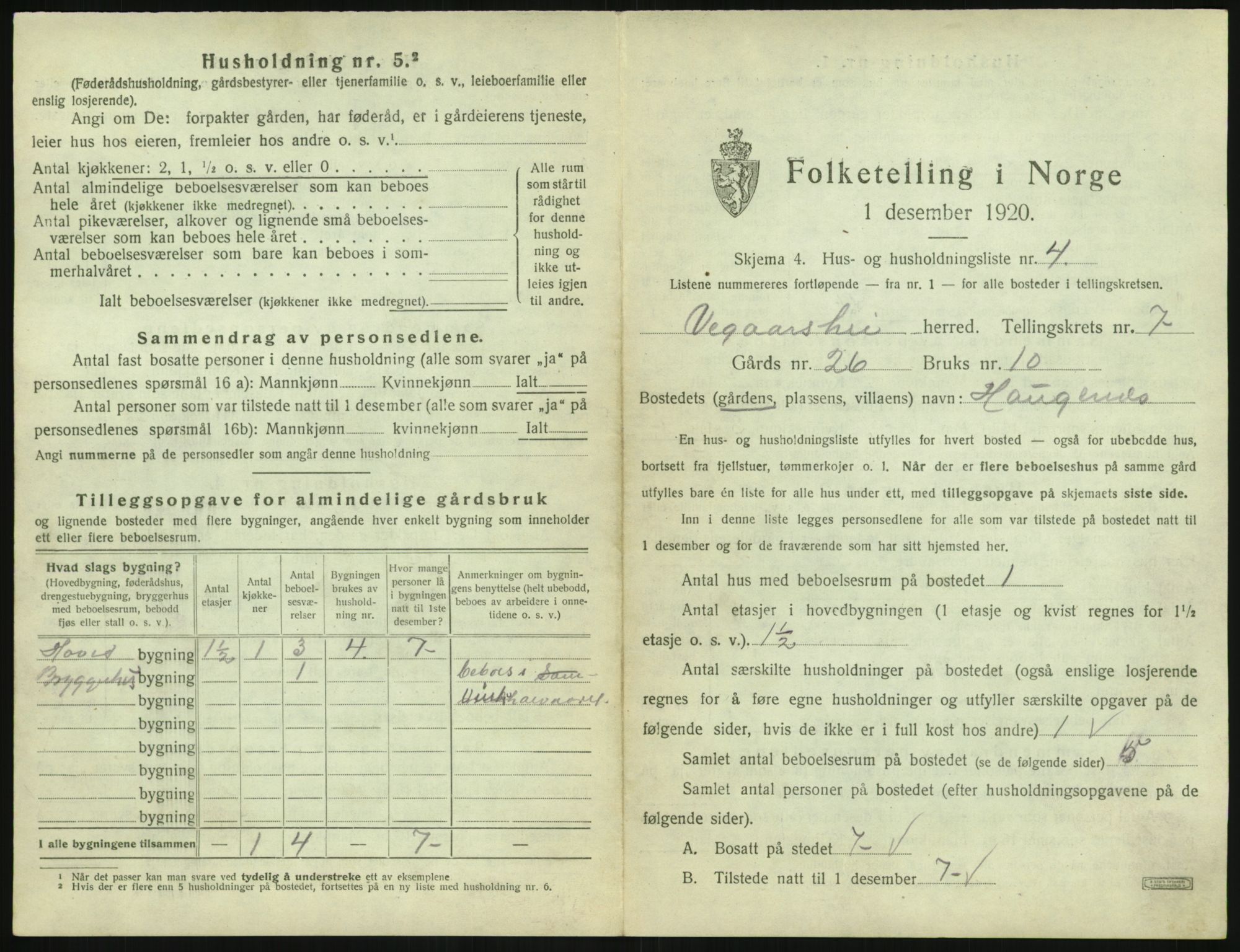 SAK, 1920 census for Vegårshei, 1920, p. 372