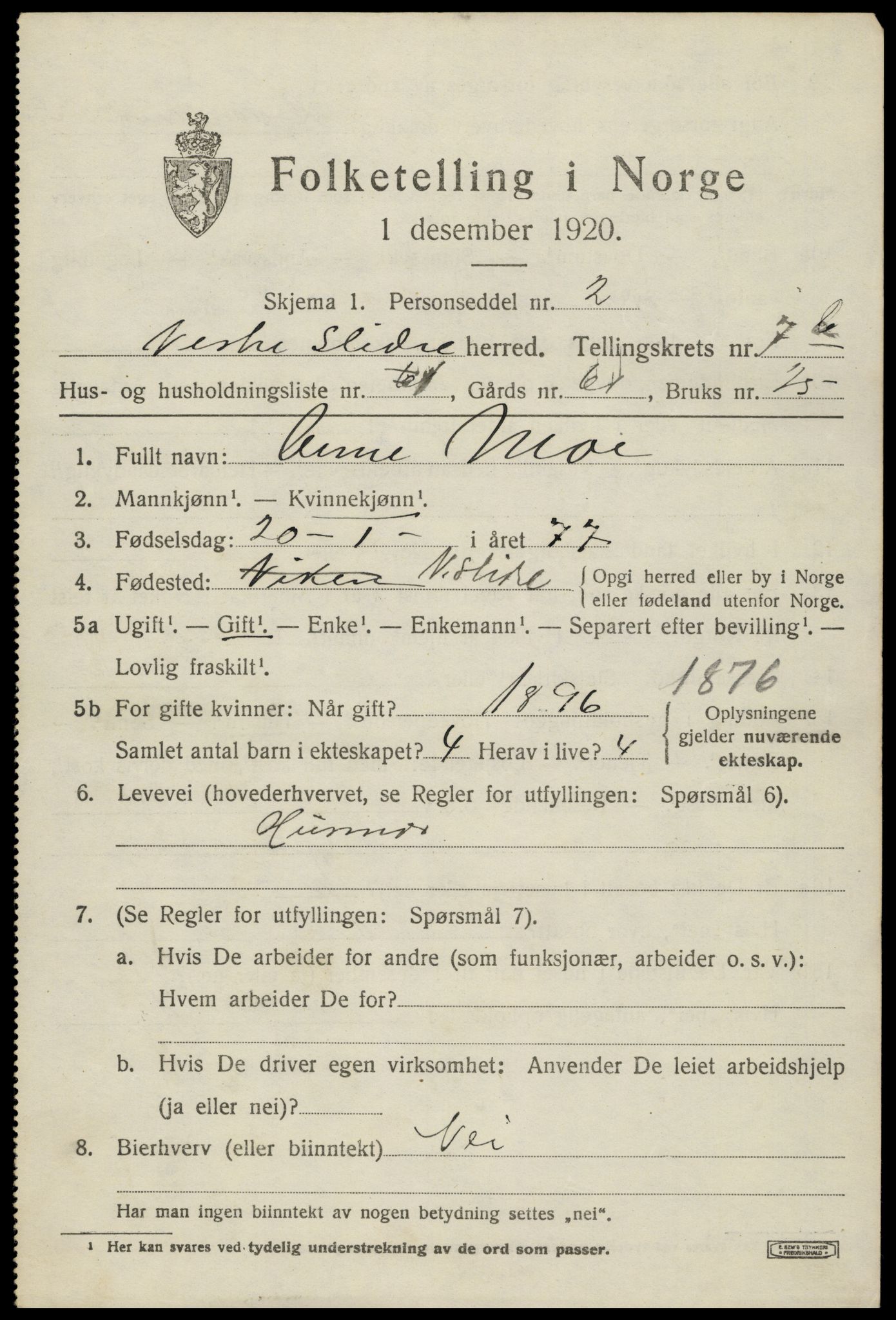 SAH, 1920 census for Vestre Slidre, 1920, p. 4036