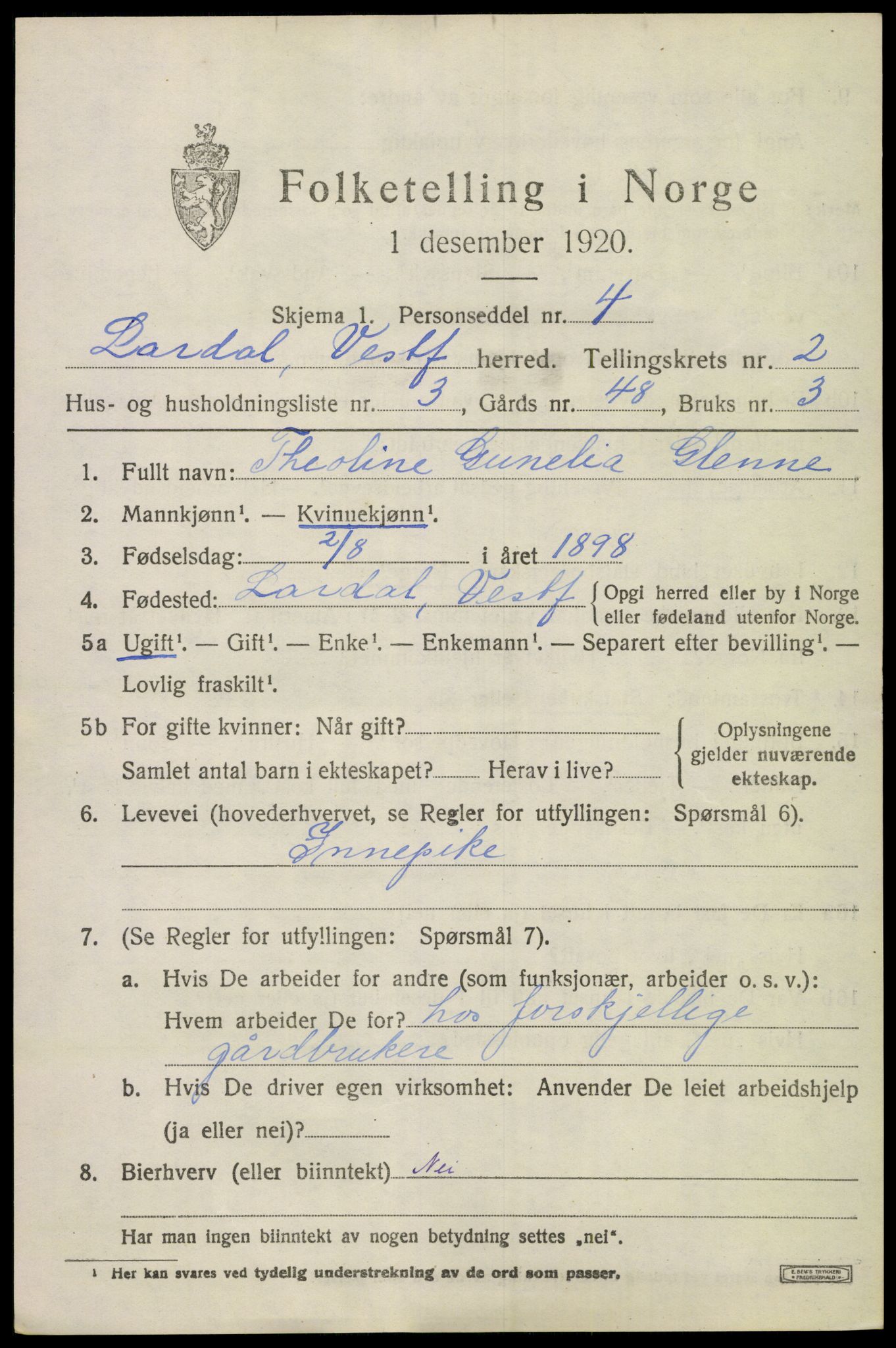 SAKO, 1920 census for Lardal, 1920, p. 2001