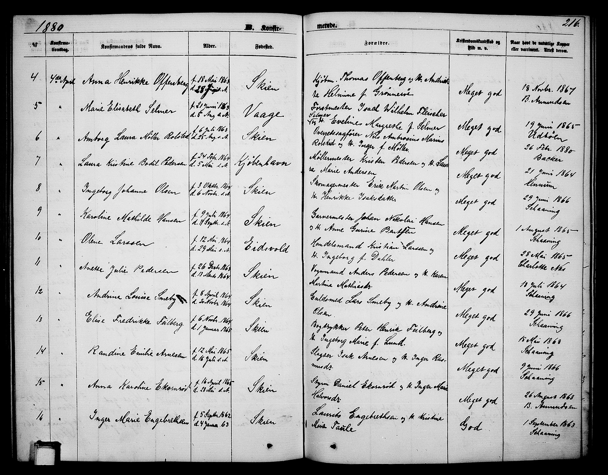 Skien kirkebøker, AV/SAKO-A-302/G/Ga/L0005: Parish register (copy) no. 5, 1868-1880, p. 216