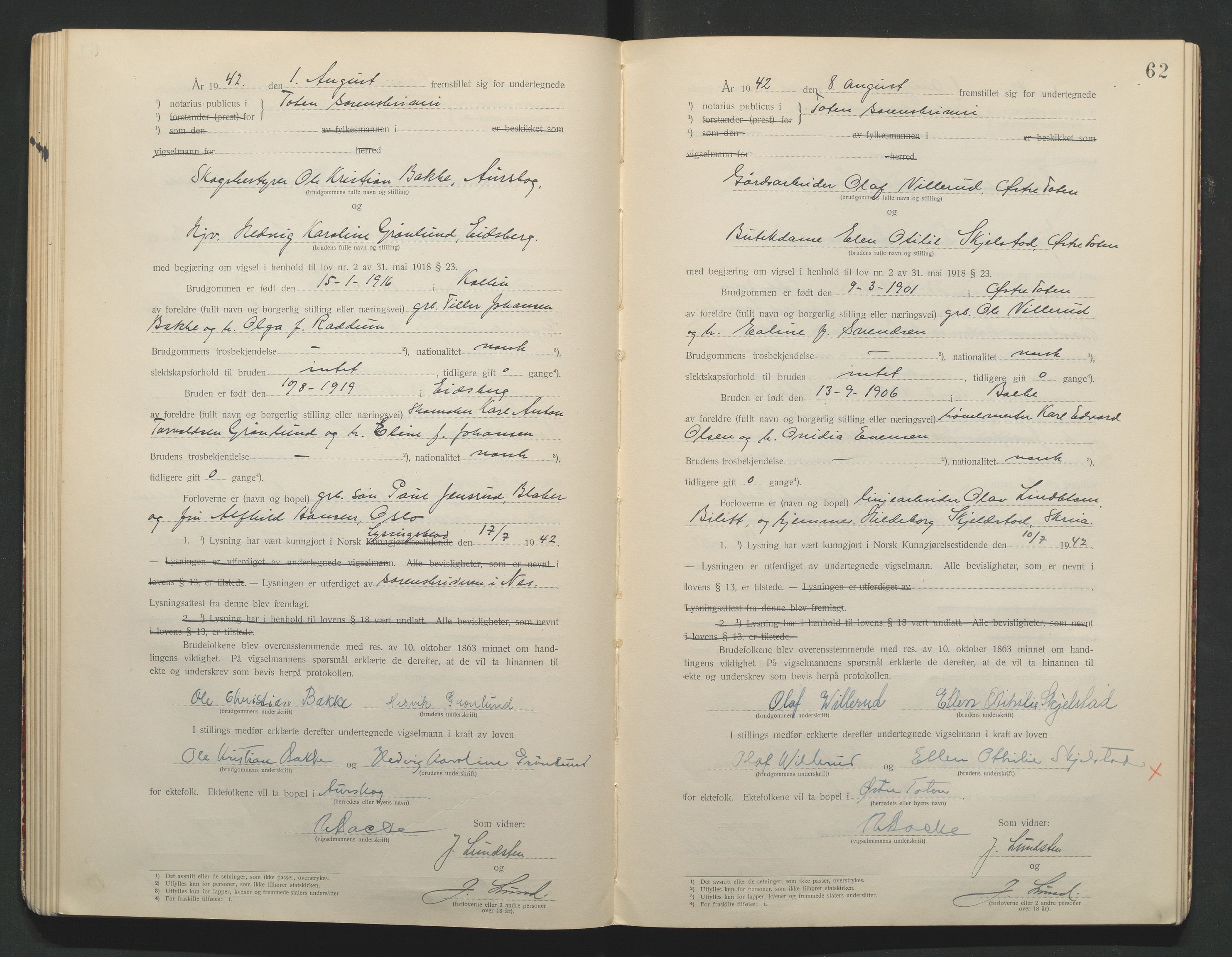 Toten tingrett, AV/SAH-TING-006/L/Lc/L0001: Vigselbok, 1920-1942, p. 62