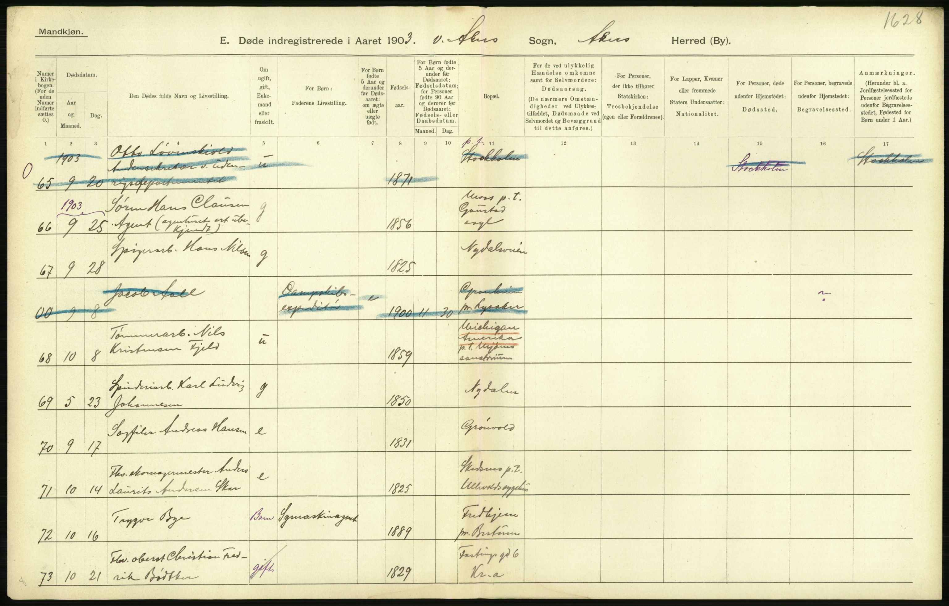 Statistisk sentralbyrå, Sosiodemografiske emner, Befolkning, AV/RA-S-2228/D/Df/Dfa/Dfaa/L0002: Akershus amt: Fødte, gifte, døde, 1903, p. 542